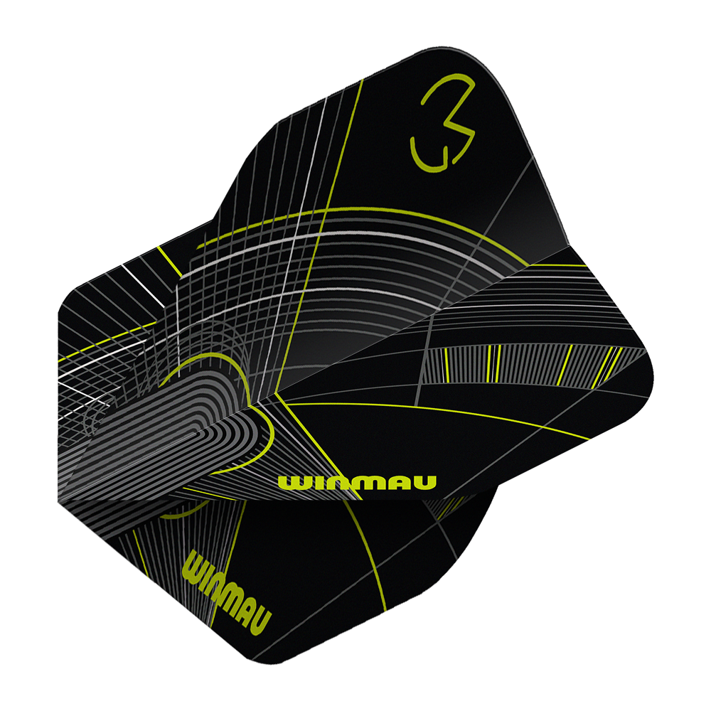Das Bild zeigt die Winmau Prism Delta MvG Black Green No2 Standard Flights. Diese Dartflights sind in Schwarz und Grün gestaltet.