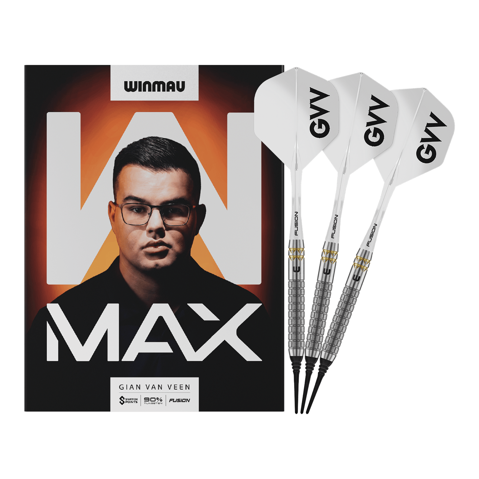 Miękkie rzutki Winmau Gian Van Veen W-MAX - 18g Winmau Gian Van Veen W-MAX Softdarts - 18g werden vollständig dargestellt. Alle Details der drei Darts sind sichtbar.