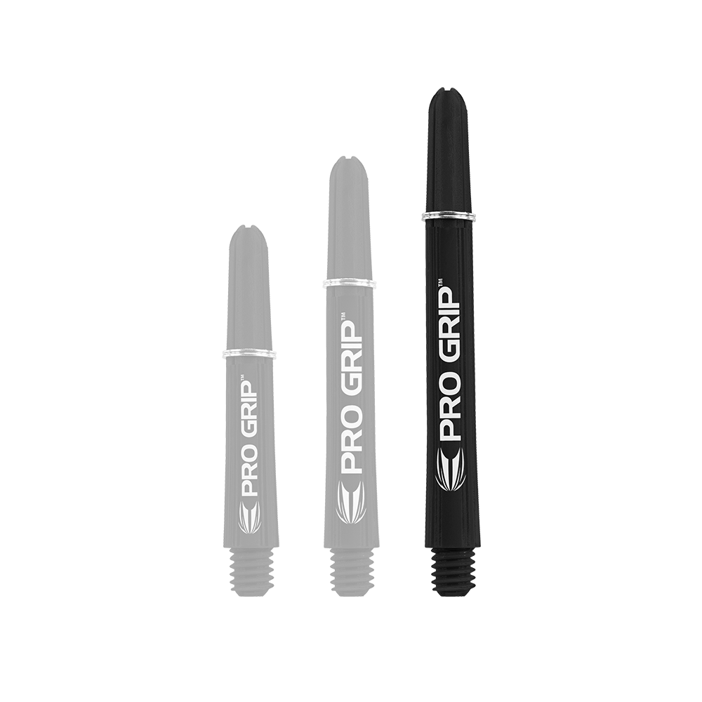 Das Bild zeigt drei schwarze Dartschäfte in unterschiedlichen Längen. Auf jedem Schaft steht in weißer Schrift „PRO GRIP“.