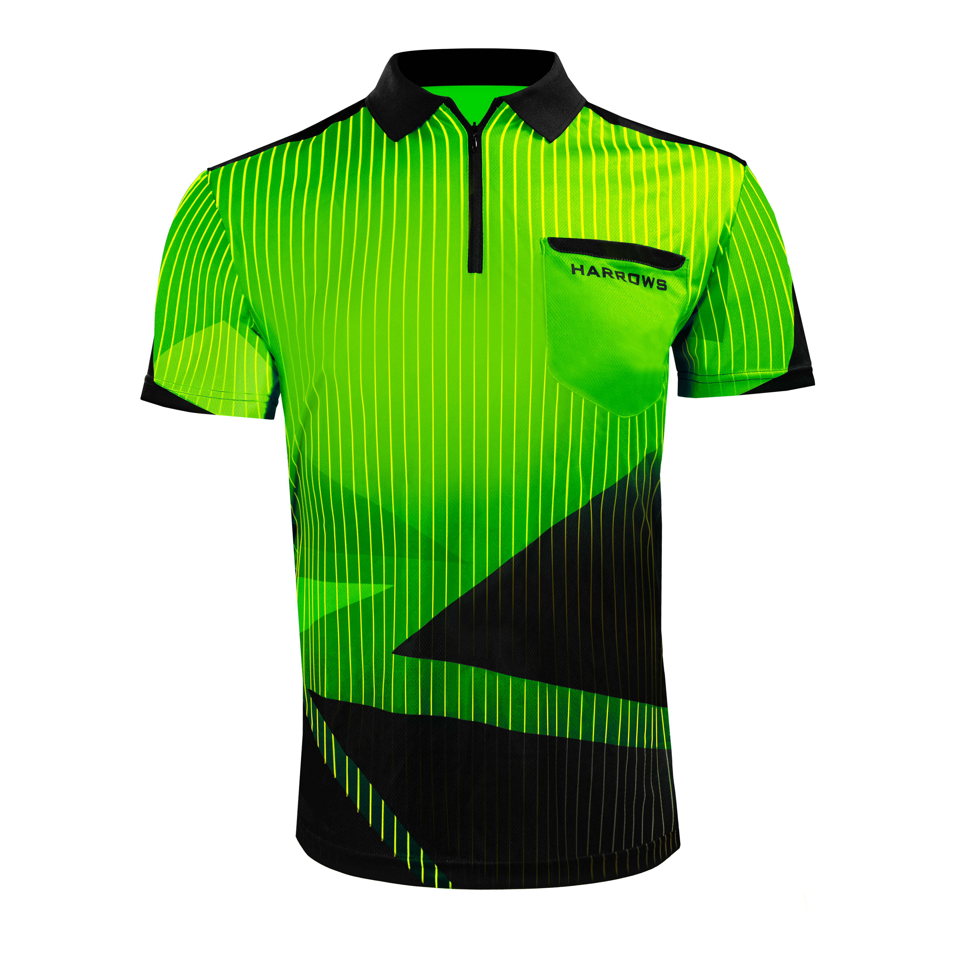 Harrows Shard Dartshirt - Grün Das Bild zeigt das grüne Harrows Shard Dartshirt mit einem modernen, auffälligen Design. Das Shirt hat dünne vertikale Streifen, einen schwarzen Kragen und eine Brusttasche mit dem Harrows-Logo.