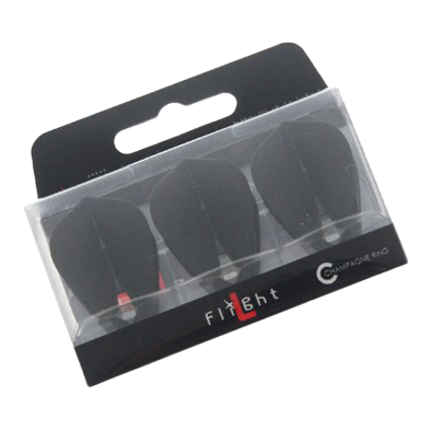 Das Bild zeigt eine Verpackung mit drei schwarzen Dart-Flights. Die Verpackung ist durchsichtig und trägt die Aufschrift „L-Style Flight“.