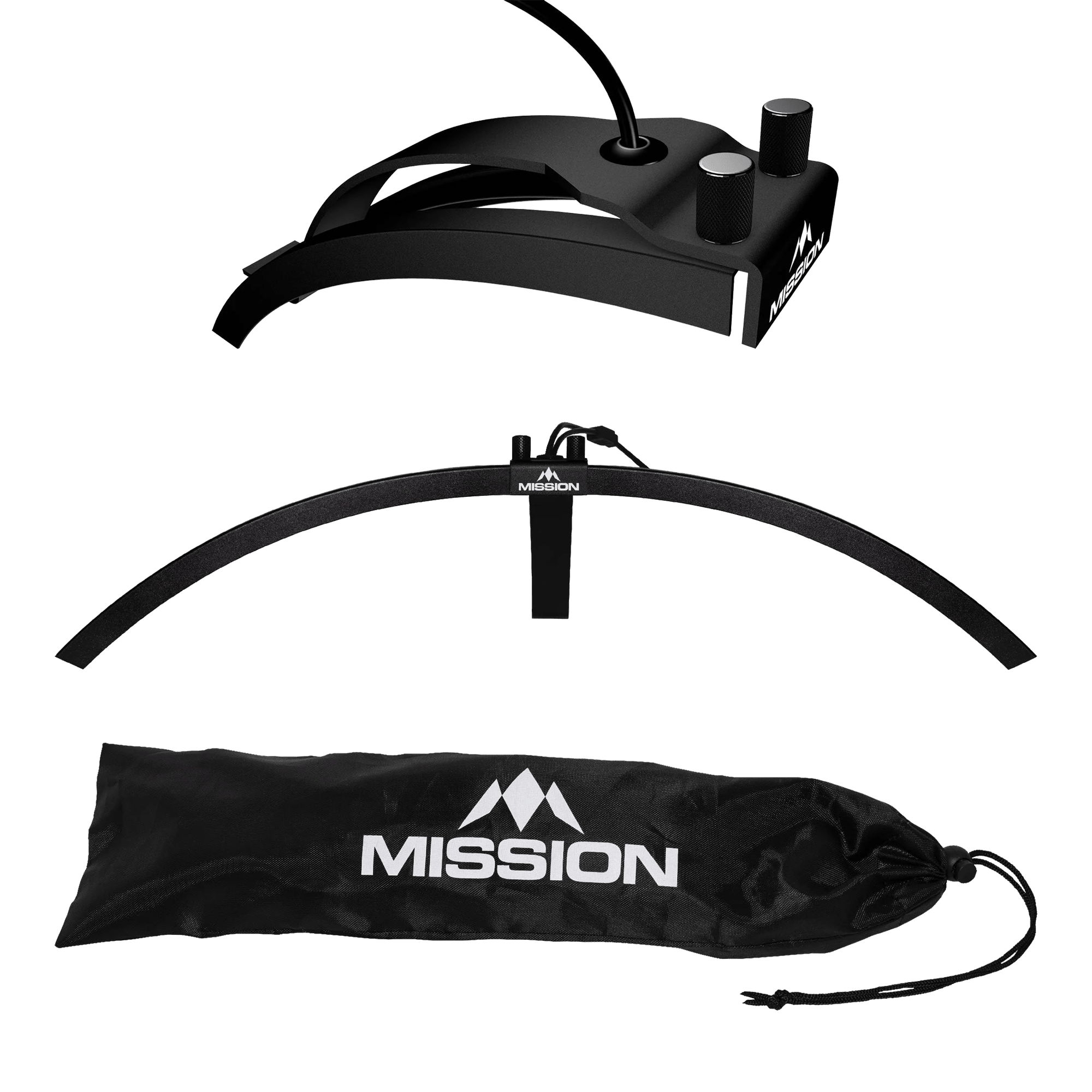 Oświetlenie tarczy do darta LED Mission Torus 100 składane Das Bild zeigt die faltbare LED Dartboard Beleuchtung "Mission Torus 100". Abgebildet sind das Beleuchtungselement, ein Bogen und eine schwarze Transporttasche mit dem Mission-Logo.