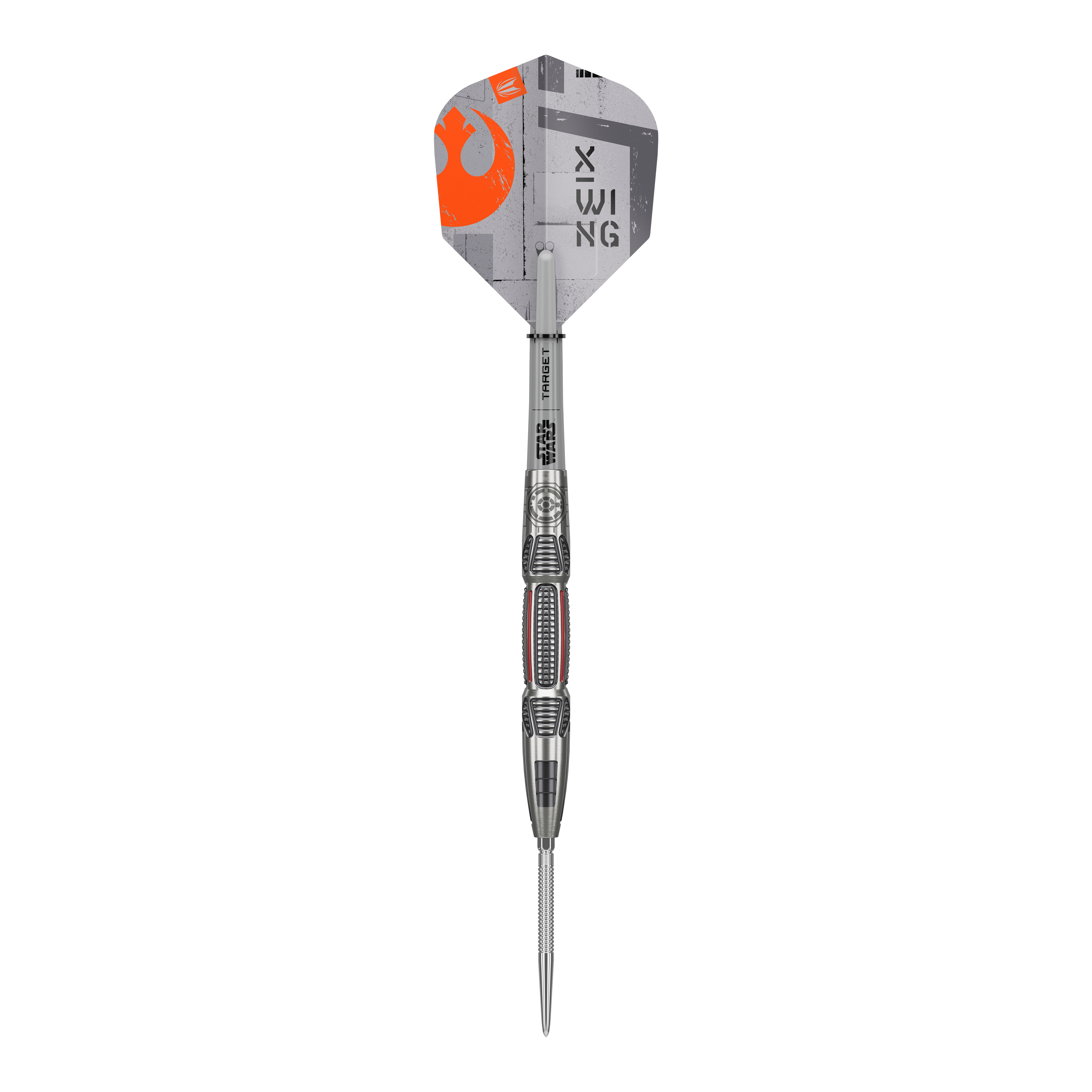 Stalowe lotki Swiss Point firmy Target Star Wars X-Wing Abgebildet sind Target Star Wars X-Wing Swiss Point Steeldarts. Die Darts sind inspiriert von der Star Wars X-Wing Serie.