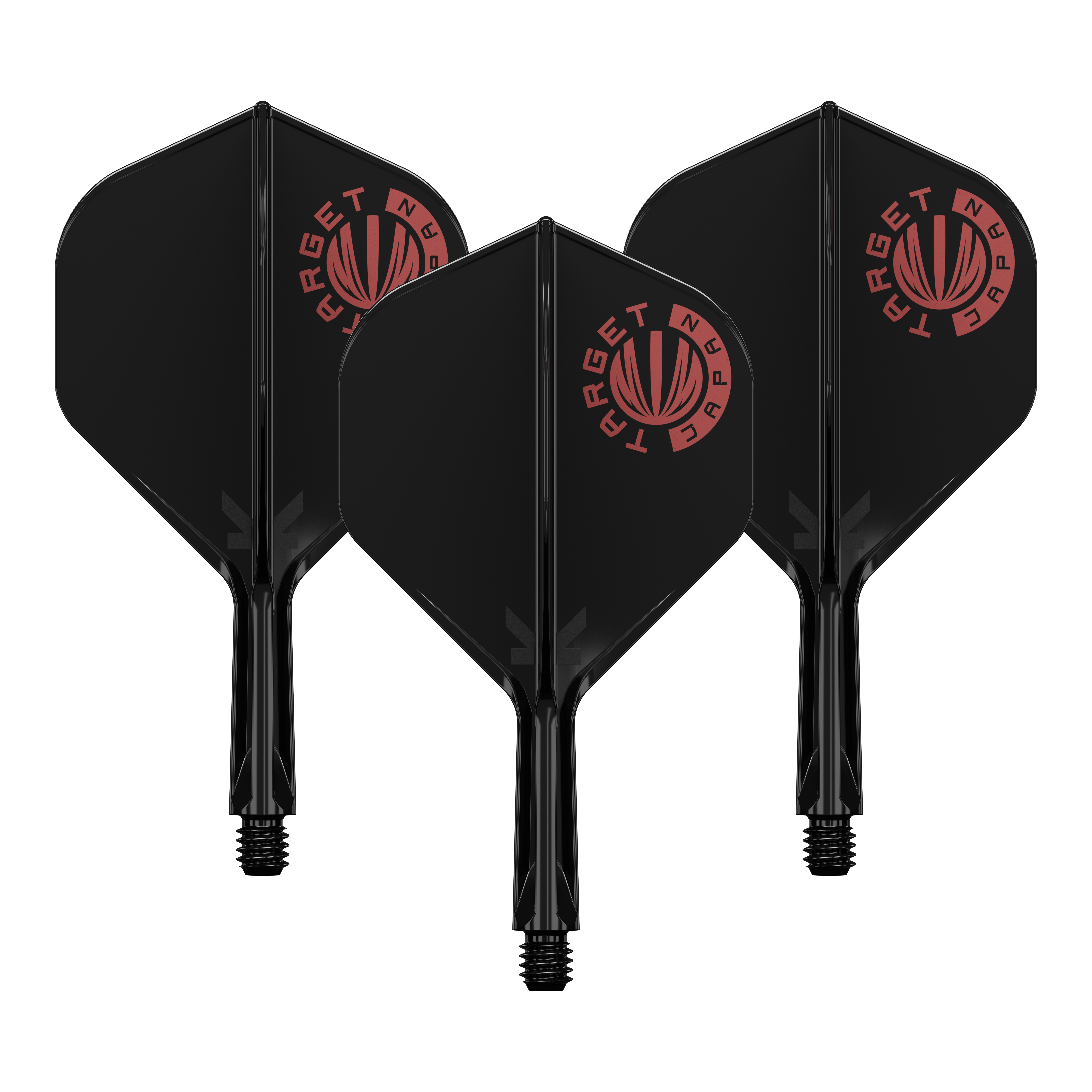 Das Bild zeigt drei schwarze Dartflights mit roten „Target Japan“ Logos. Die Flights sind zusammen als Set angeordnet.