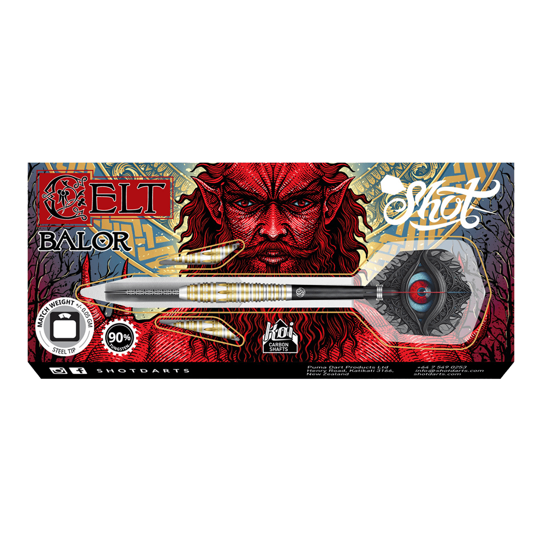 Shot Celta Balora Steeldarts Das Bild zeigt die Verpackung der "Shot Celt Balor Steeldarts". Im Hintergrund ist ein auffälliges, rotes Fantasy-Gesicht und kunstvolles Design zu sehen.
