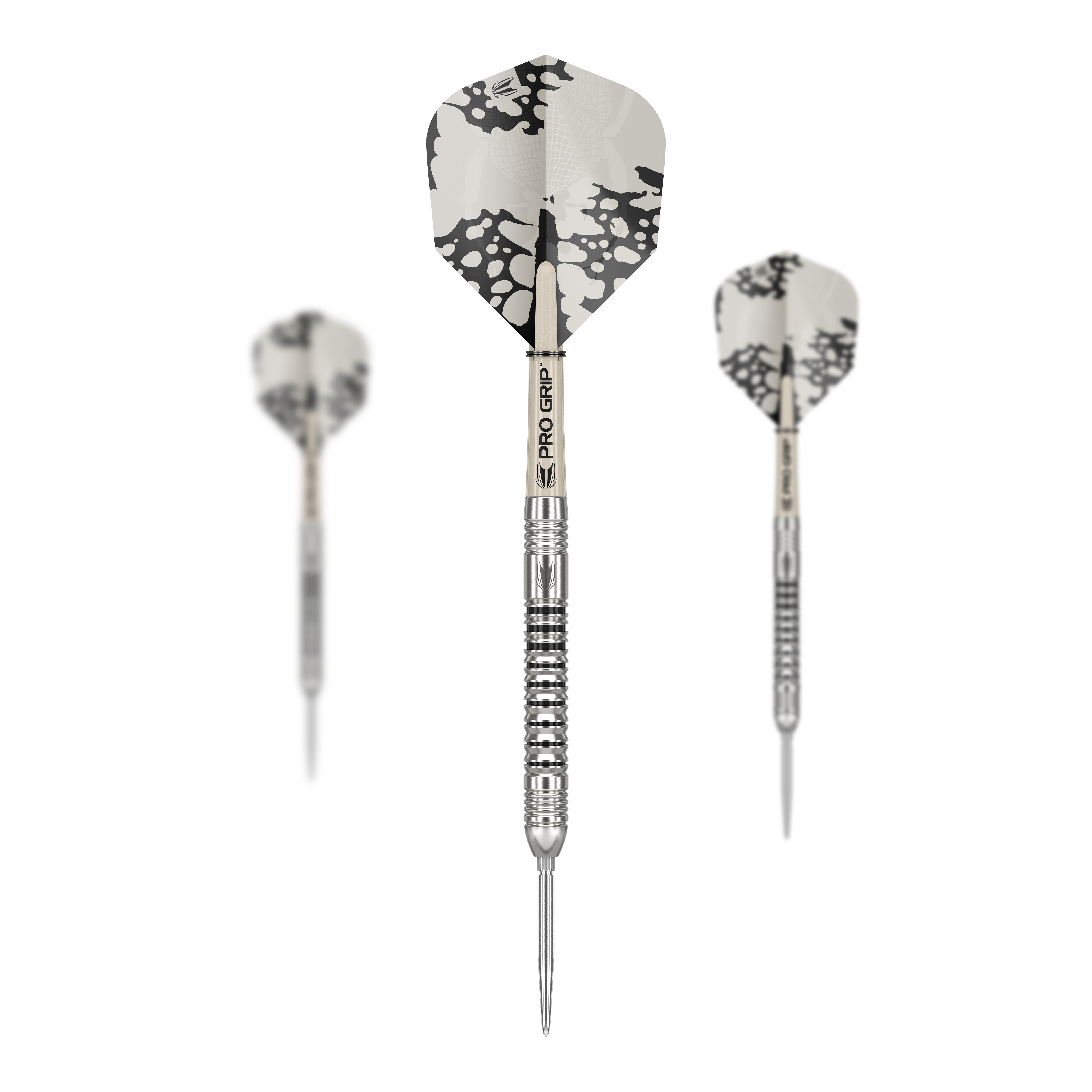 Stalowe lotki Target EXO SP03 Swiss Point Das Bild zeigt drei Steeldarts des Modells 'Target EXO SP03 Swiss Point'. Die Darts haben silberne Spitzen und einen schwarz-weißen Flug mit auffälligem Muster.
