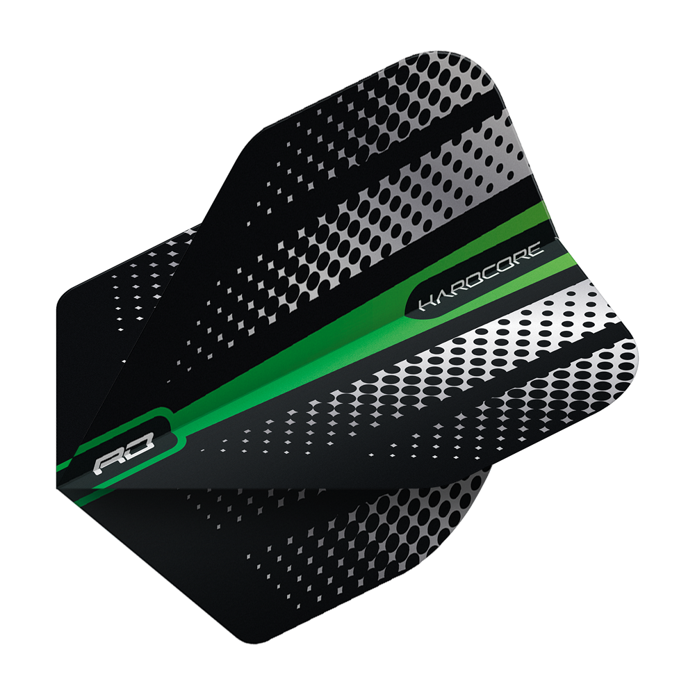 Das Bild zeigt das Produkt "Red Dragon Hardcore Radical Green Flash Standard Flights". Die Dart-Flight ist schwarz mit silbernen Punkten und einem grünen Streifen.