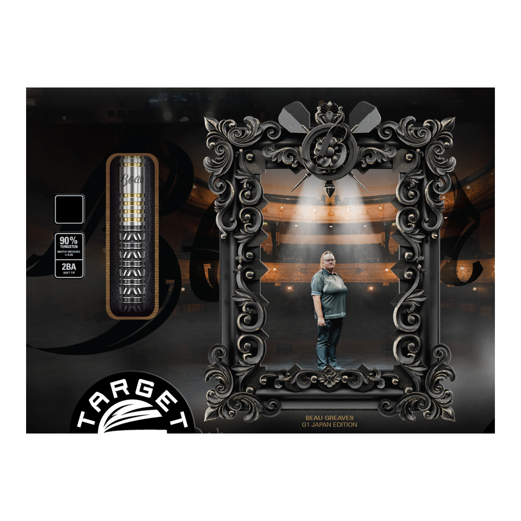Gezeigt wird das Produkt Target Japan Beau Greaves Japan Edition Swiss Point Softdarts - 21g. Diese Darts überzeugen durch japanisches Design und Präzision.
