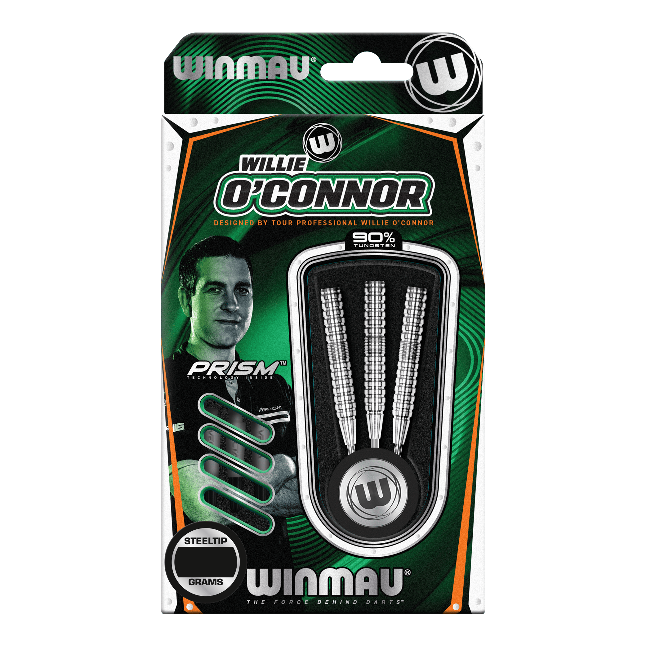Lotki stalowe Winmau Willie O'Connor - 23g Die Verpackung zeigt die Winmau Willie O’Connor Steeldarts mit einem Gewicht von 23 Gramm. Im Inneren sind drei silberne Steeldarts zu sehen.