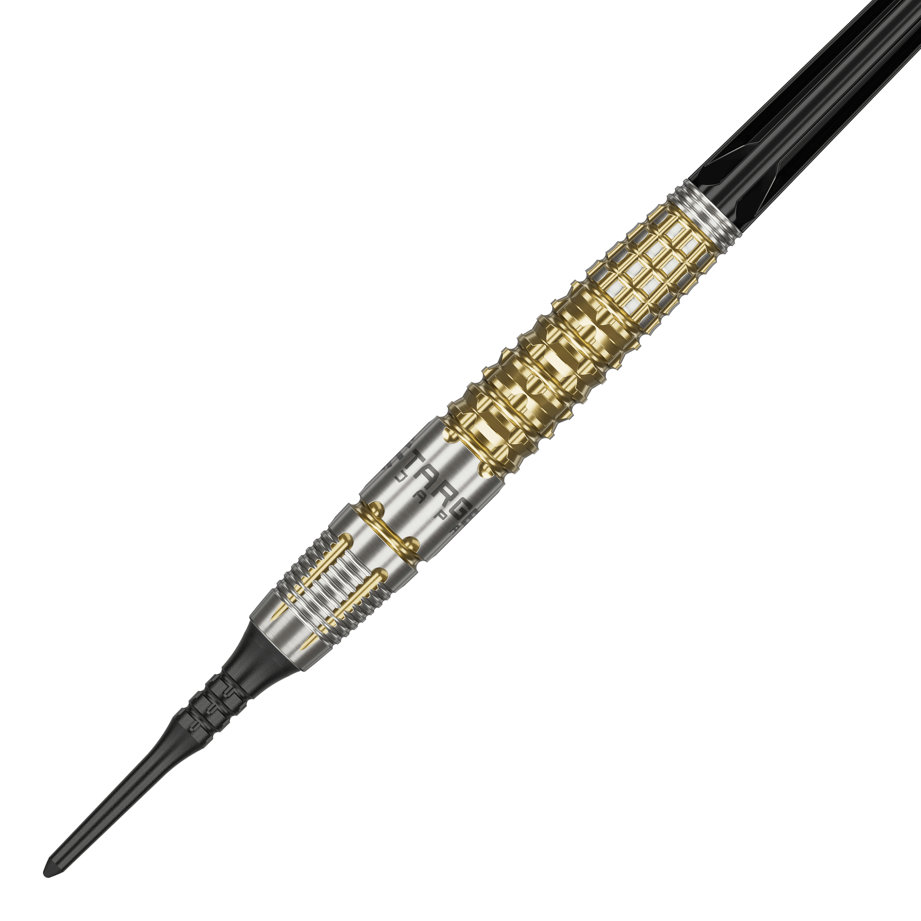 Das Bild zeigt einen Softdart namens "Target Japan Black Marque Warrior" mit einem Gewicht von 18,5g. Der Dart hat ein auffälliges Design mit goldenen und silbernen Elementen sowie einer schwarzen Spitze.