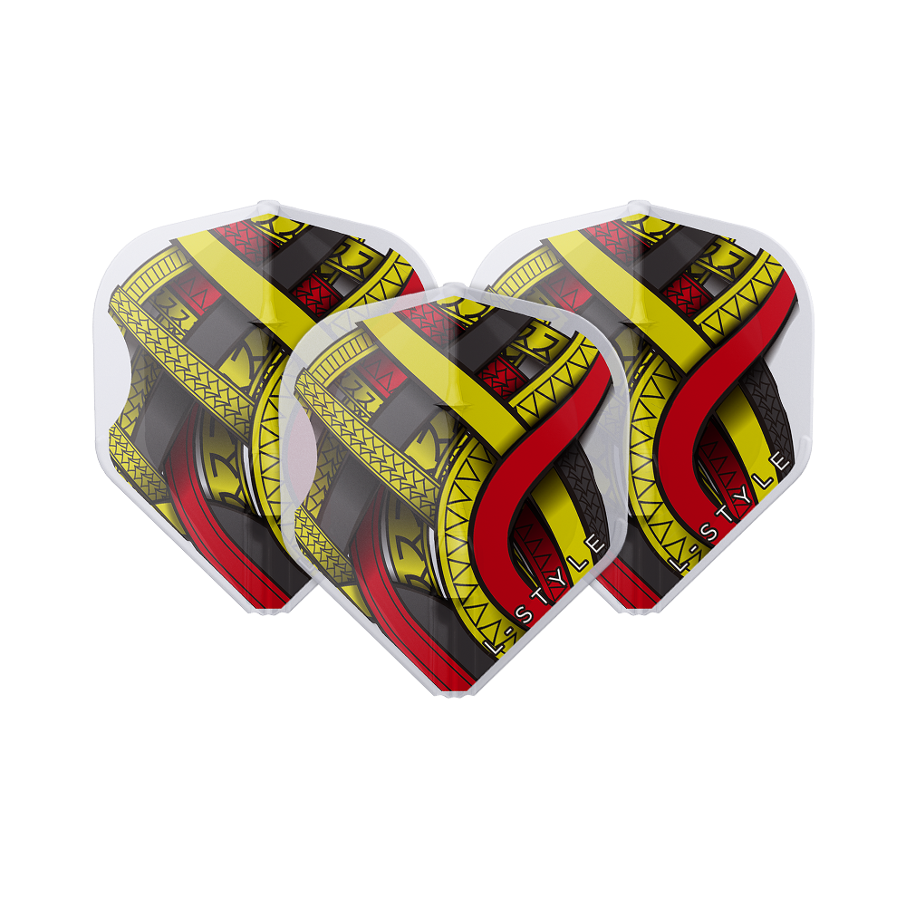 Das Bild zeigt drei Dart-Flights des Modells "L-Style Mike De Decker Type A Clear White L1EZ". Die Flights sind klar weiß mit einem auffälligen gelb-schwarz-roten Design.