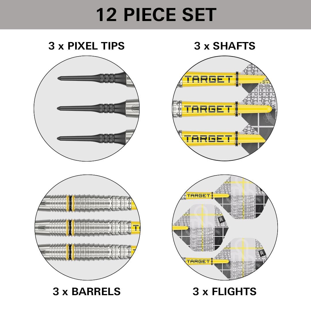 Lotki miękkie Target Scott Williams GEN2 - 18g Das Bild zeigt ein 12-teiliges Softdart-Set mit dem Namen "Target Scott Williams GEN2 Softdarts - 18g". Es enthält 3 Pixelspitzen, 3 Schäfte, 3 Barrels und 3 Flights.