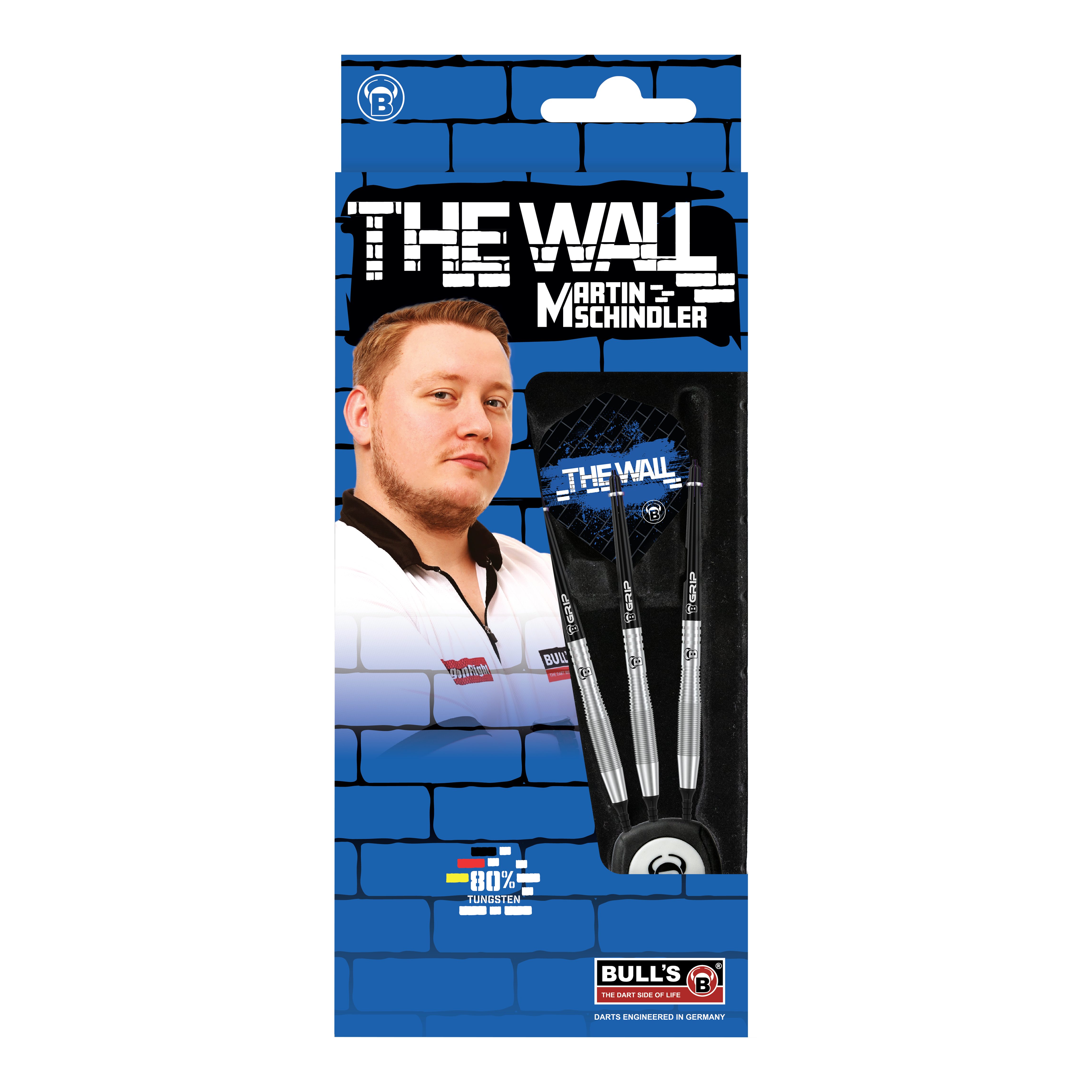 Bulls Martin Schindler TW80 miękkie lotki - 18g Die Abbildung zeigt die Produktverpackung der "Bulls Martin Schindler TW80 Softdarts - 18g". Auf der Verpackung ist ein Bild von Martin Schindler sowie drei Softdarts und das Logo von BULL'S zu sehen.
