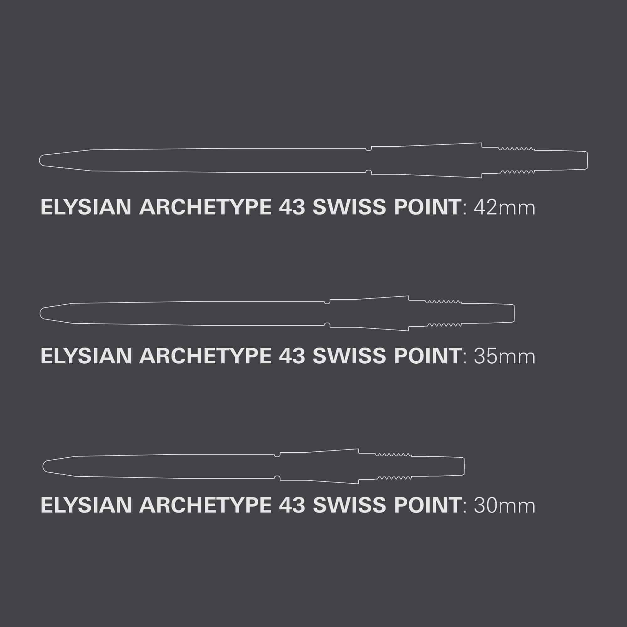 Groty do lotek Target Elysian Archetype 43 Swiss Point Steel – srebrne Target Elysian Archetype 43 Swiss Point Steeldartspitzen in Silber. Das Bild zeigt hochwertige Dartspitzen für Steel-Darts.