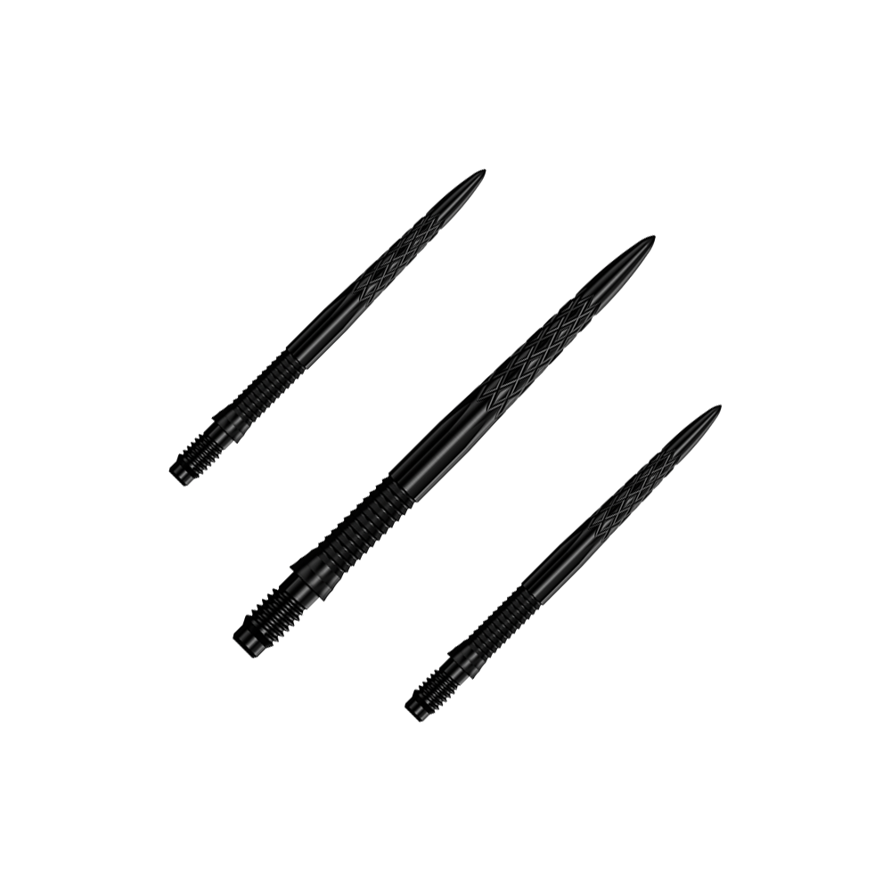 Końcówki do lotek Mission R2.5 Rapid Point DSX – czarne Das Bild zeigt ein Set von schwarzen Dartspitzen, 30 mm lang. Die Dartspitzen sind zusammen gruppiert dargestellt.