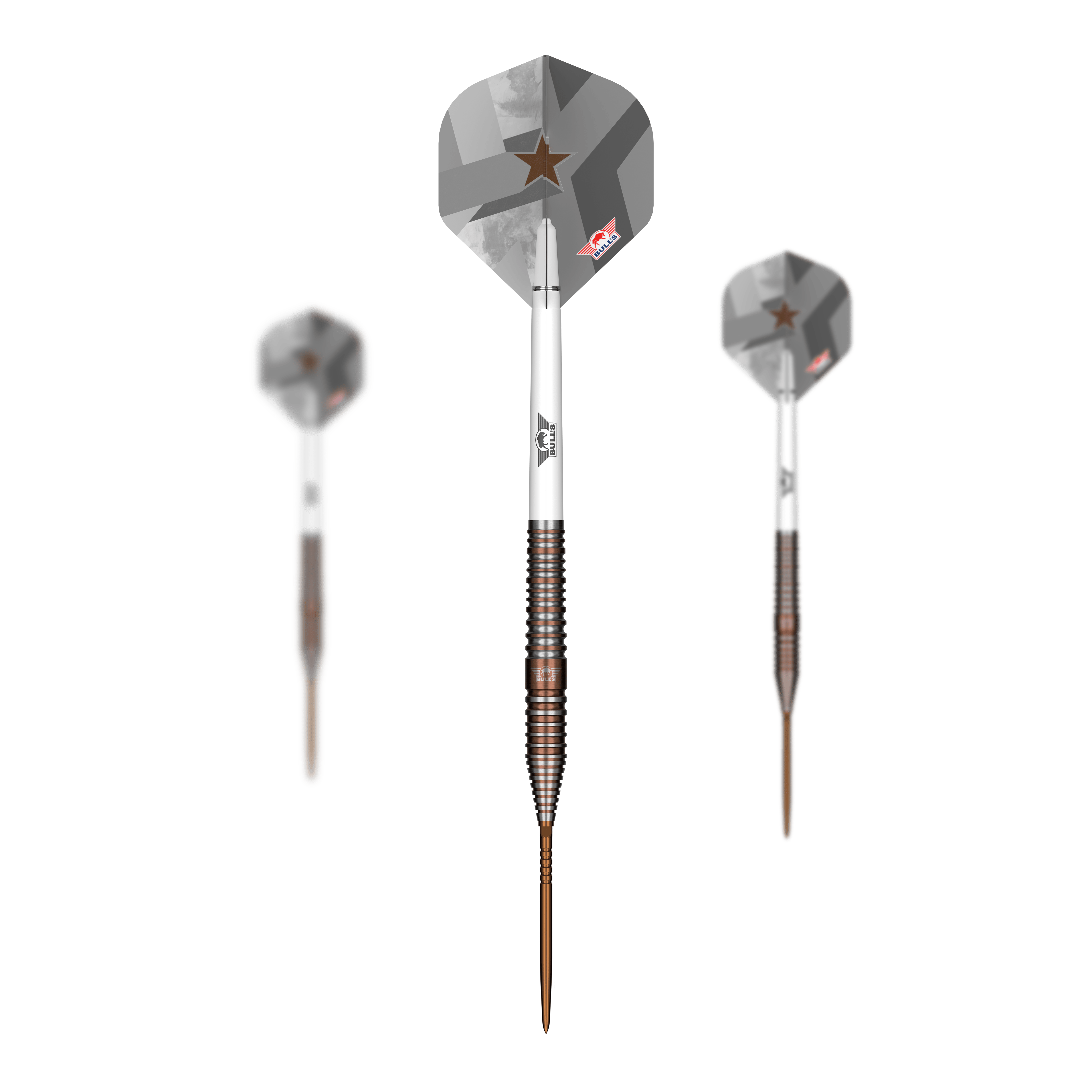 Bulls NL Max Hopp E5 Convertible Point Steel Darts Abgebildet ist das Set Bulls NL Max Hopp E5 Convertible Point Steeldarts. Mehrere Pfeile sind sichtbar angeordnet.