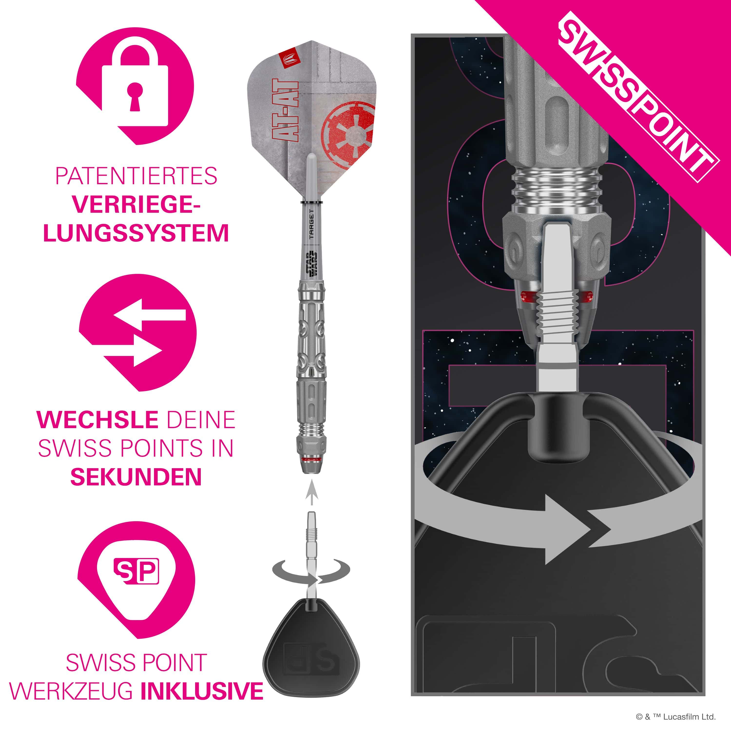Stalowe rzutki Target Star Wars AT-AT Swiss Point Hier sind die Target Star Wars AT-AT Swiss Point Steeldarts abgebildet. Die Darts haben ein einzigartiges Design aus dem Star Wars Universum.