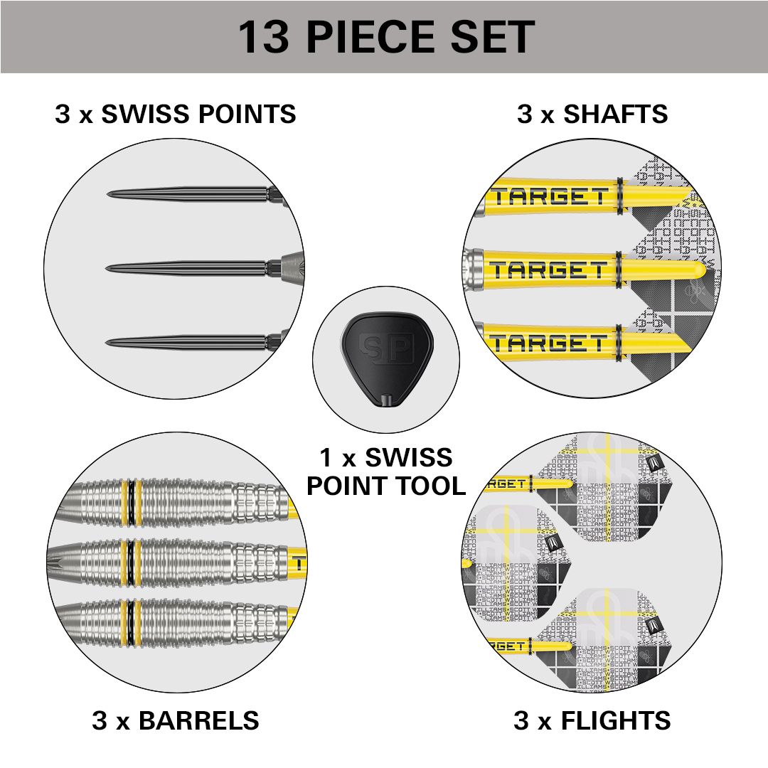 Target Scott Williams GEN2 Swiss Point Steeldarts Dieses Bild zeigt das 13-teilige Target Scott Williams GEN2 Swiss Point Steeldarts Set. Es enthält 3 Swiss Points, 3 Shafts, 3 Barrels, 3 Flights und 1 Swiss Point Tool.