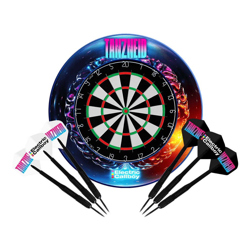Zestaw Electric Callboy Tanzneid Steel Dartboard and Surround Gezeigt wird das Electric Callboy Tanzneid Steeldartboard und Surround Bundle. Das Set beinhaltet eine Dartscheibe und Umrandung.