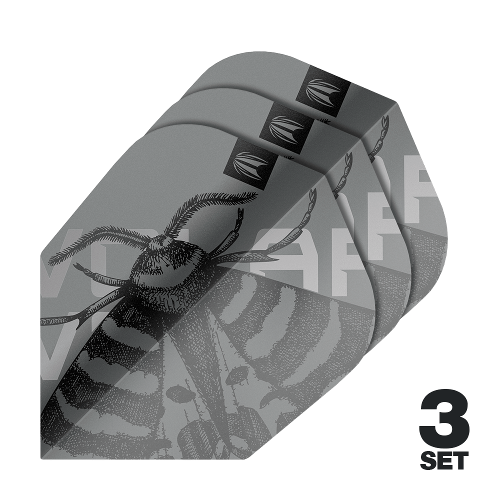 Target Pro Ultra Volar No6 Flights - 3 zestawy Das Bild zeigt drei Sets der Target Pro Ultra Volar No6 Flights. Die Flights sind grau mit einem detaillierten Insektenmotiv gestaltet.