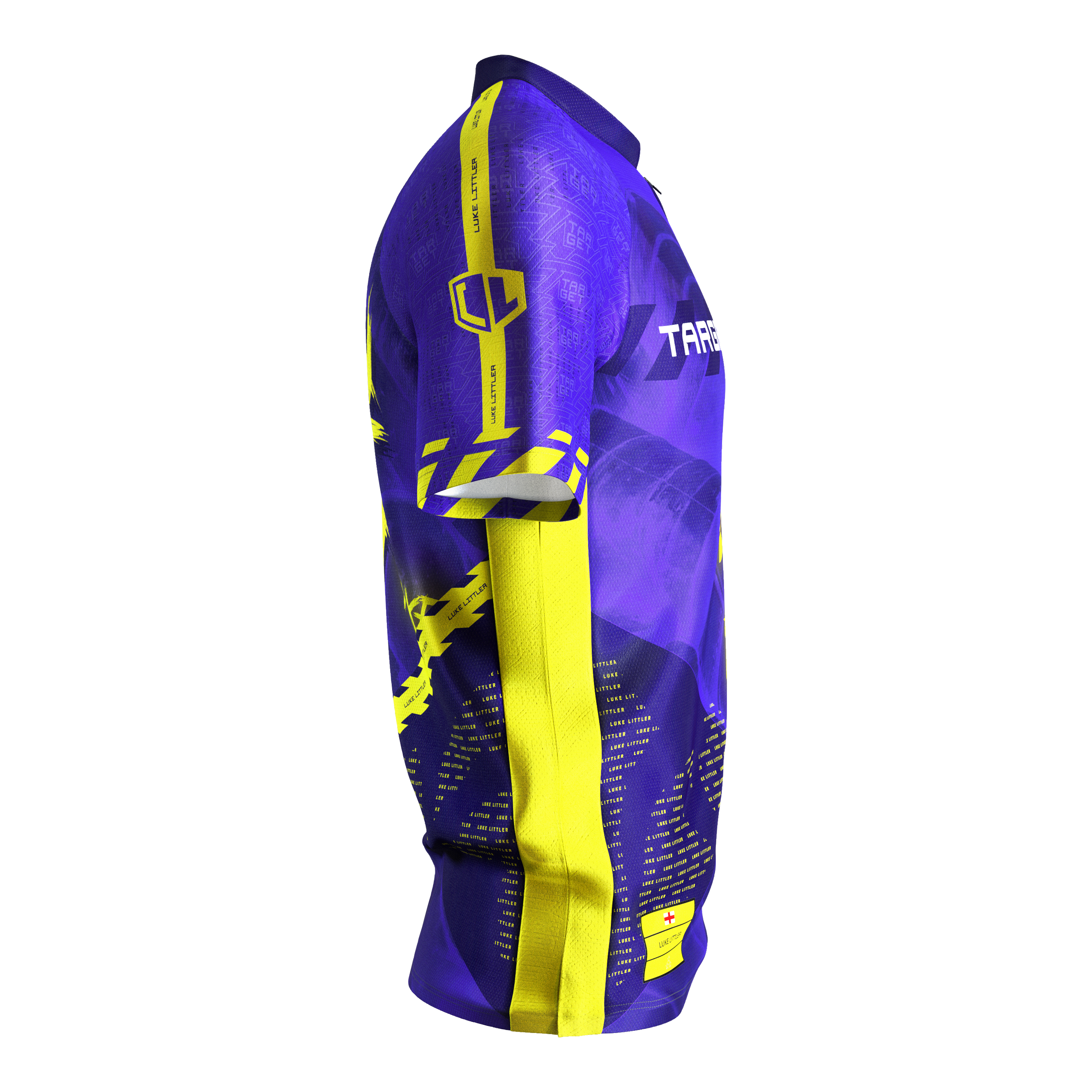 Koszulka do darta Target Coolplay Luke Littler 2025 Das Bild zeigt das "Target Coolplay Luke Littler 2025 Dartshirt" von der Seite. Das Shirt ist überwiegend lila mit auffälligen gelben Akzenten und Mustern.