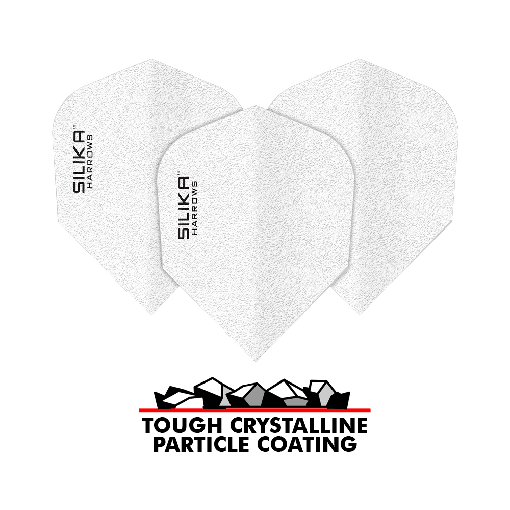 Harrows Solidna, wytrzymała, krystaliczna powłoka krzemionkowa, białe lotki nr 6 Das Bild zeigt drei weiße Dartflights mit der Aufschrift "SILIKA HARROWS". Darunter steht "TOUGH CRYSTALLINE PARTICLE COATING" zusammen mit einer grafischen Darstellung von Kristallen.