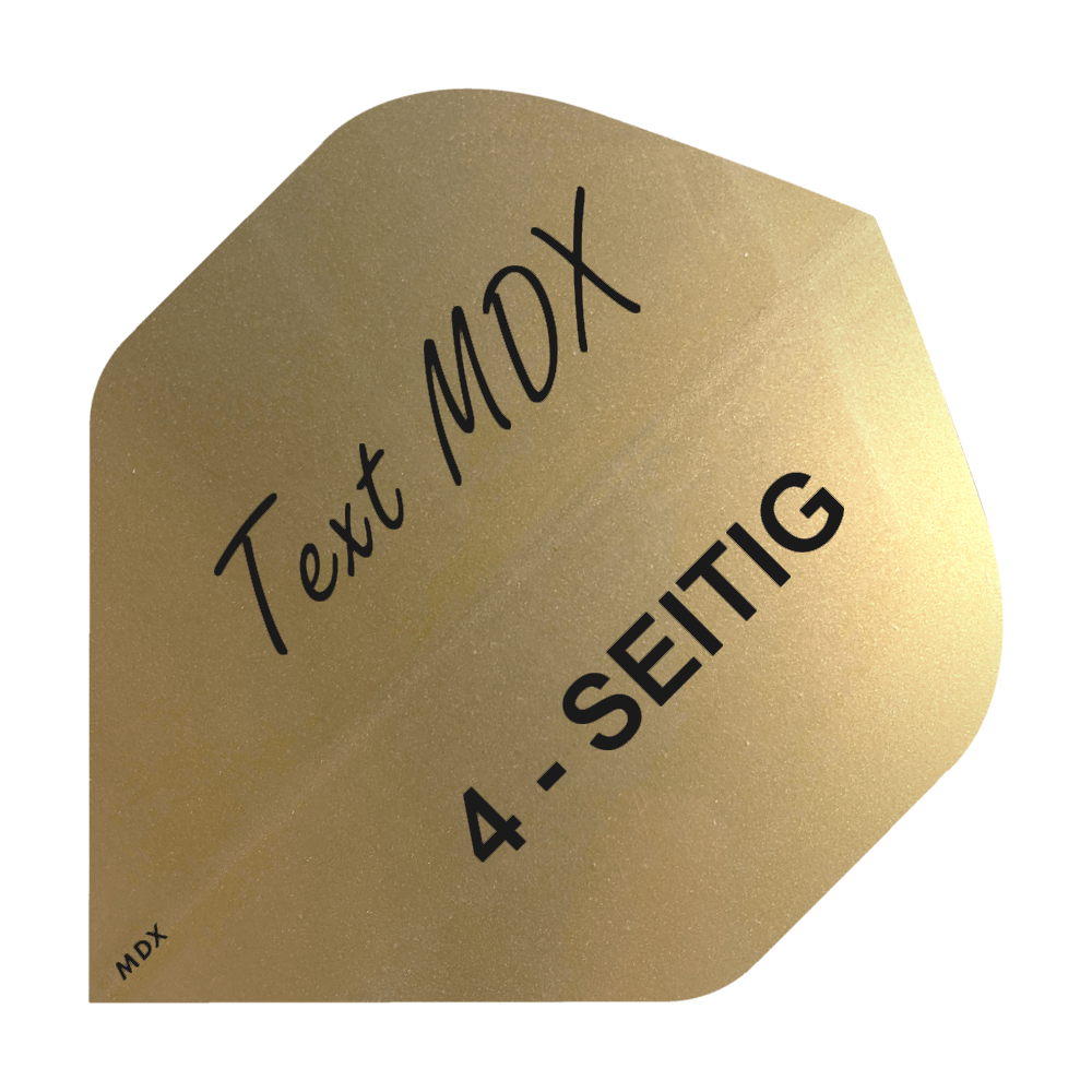 10 zestawów metalowych, drukowanych, 4-stronnych lotek - tekst niestandardowy - MDX Standard Das Bild zeigt ein goldenes Dart-Flight mit schwarzer Aufschrift. Auf dem Flight steht "Text MDX" und "4-SEITIG".