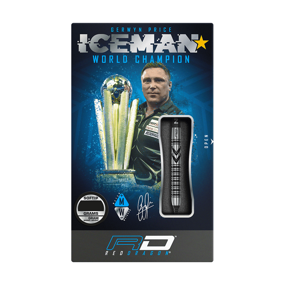 RD2471_Red_Dragon_Gerwyn_Price_Thunderbolt_Softdarts_3 Auf der Verpackung sind die Red Dragon Gerwyn Price Thunderbolt Softdarts - 20g abgebildet. Im Hintergrund sieht man ein Bild von Gerwyn Price mit einem Pokal und der Aufschrift "ICEMAN World Champion".