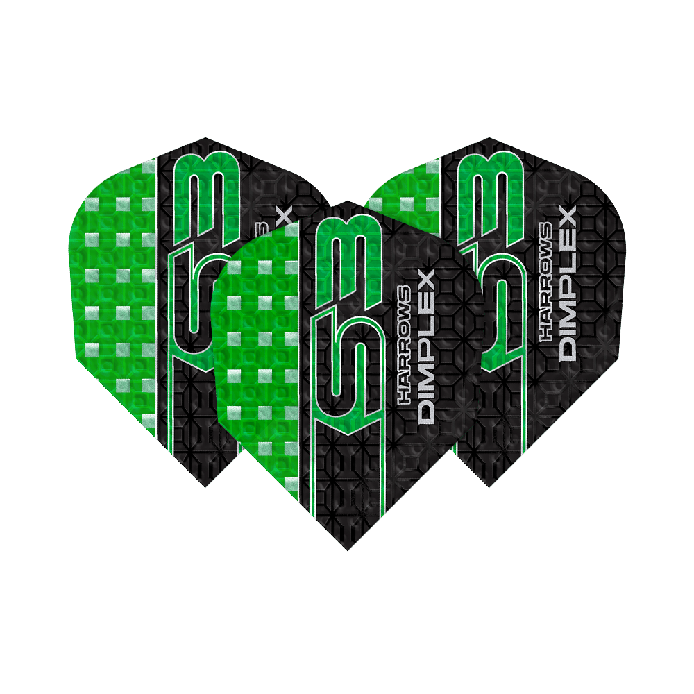 Loty Harrows Dimplex S3 - zielone Das Bild zeigt drei grüne und schwarze Dart-Flights des Modells "Harrows Dimplex S3". Auf den Flights steht der Text "Harrows Dimplex S3" in grüner und weißer Schrift.