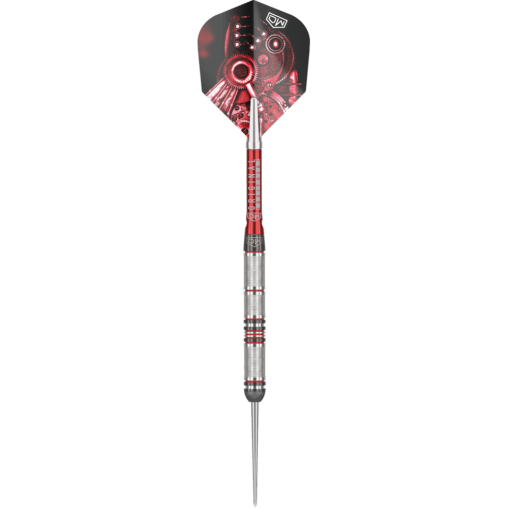 Stalowe lotki DW Piranha Razor 01 Das Bild zeigt den Steeldart "DW Piranha Razor 01". Der Dart hat ein silbernes Griffstück mit roten Akzenten und eine Flight mit mechanischem Design.