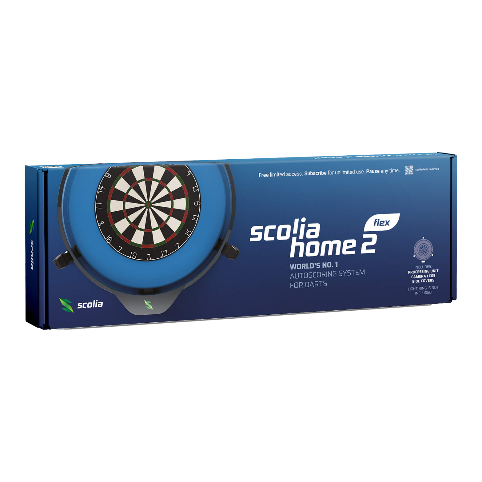 Scolia Home 2 FLEX – Elektroniczny system autoskoringu 2026 Das Bild zeigt die Verpackung des Produkts "Scolia Home 2 FLEX – Elektronisches Punktesystem". Es ist ein automatisches Auswertungssystem für Darts.