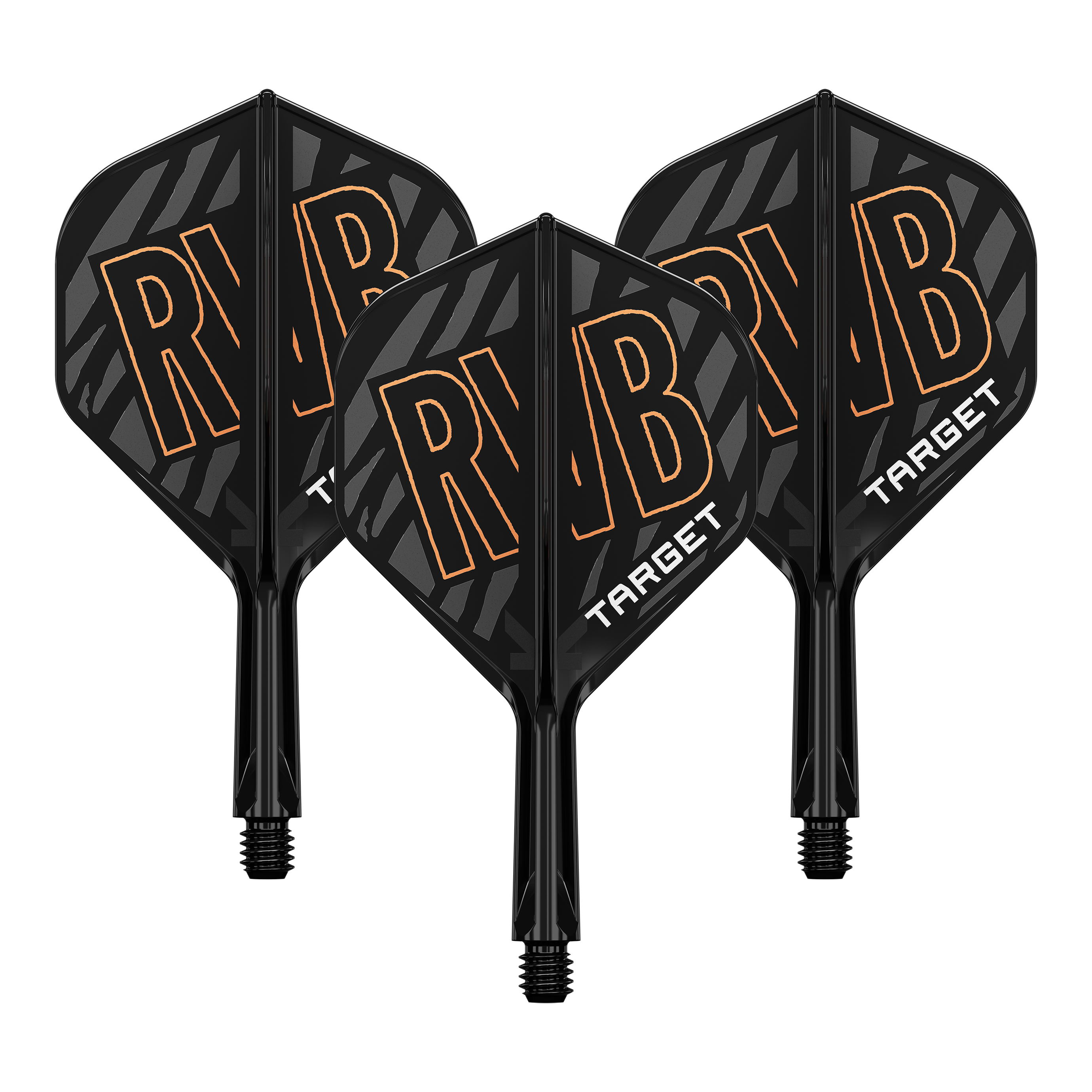 Target K-Flex Raymond Van Barneveld No2 Standardowy system wału napędowego Auf dem Bild sind drei schwarze Dart Flights mit dem orangefarbenen Schriftzug "RVB" zu sehen. Unten auf den Flights steht in weißer Schrift das Wort "TARGET".