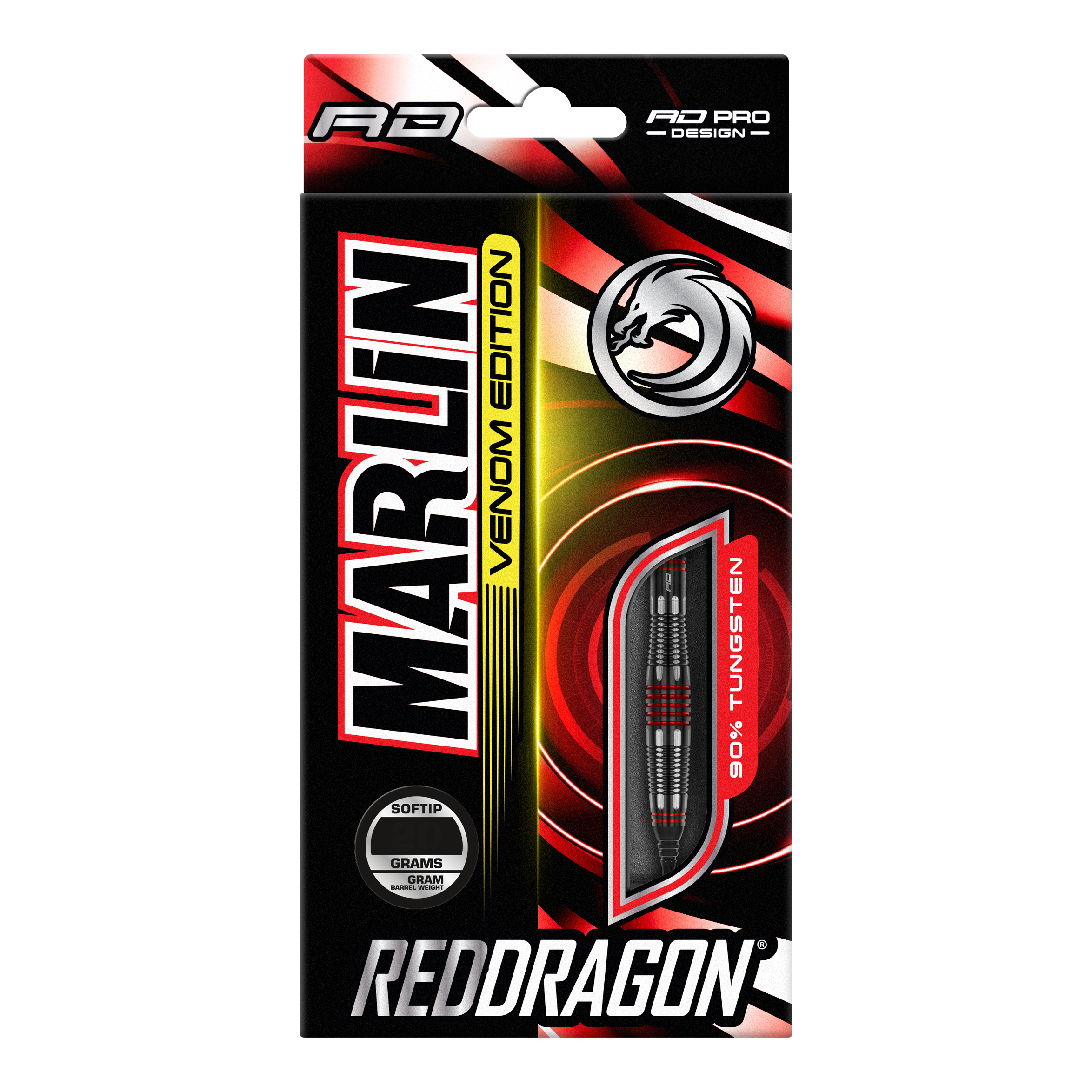 Miękkie lotki Red Dragon Marlin Venom - 22 g Die Abbildung zeigt die Verpackung der "Red Dragon Marlin Venom Softdarts - 22g". Die Verpackung ist schwarz-rot gestaltet und hebt die Darts mit 90% Tungsten-Anteil hervor.
