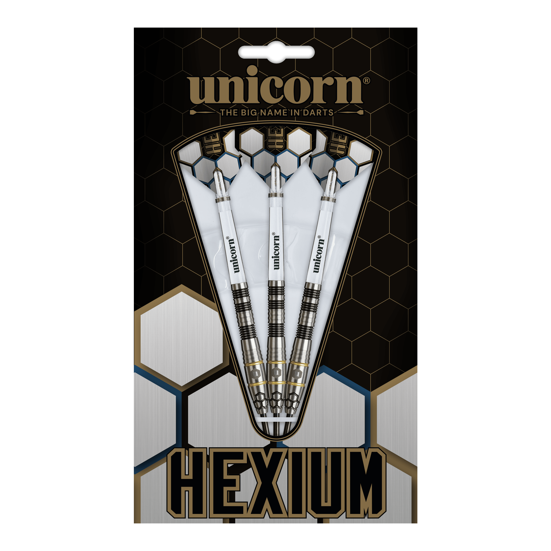 Unicorn Hexium Style 01 Czarno-złote Steeldarts Unicorn Hexium Style 01 Black & Gold Steeldarts sind auf diesem Bild abgebildet. Die Abbildung zeigt die schwarzen und goldenen Steeldarts in Nahaufnahme.