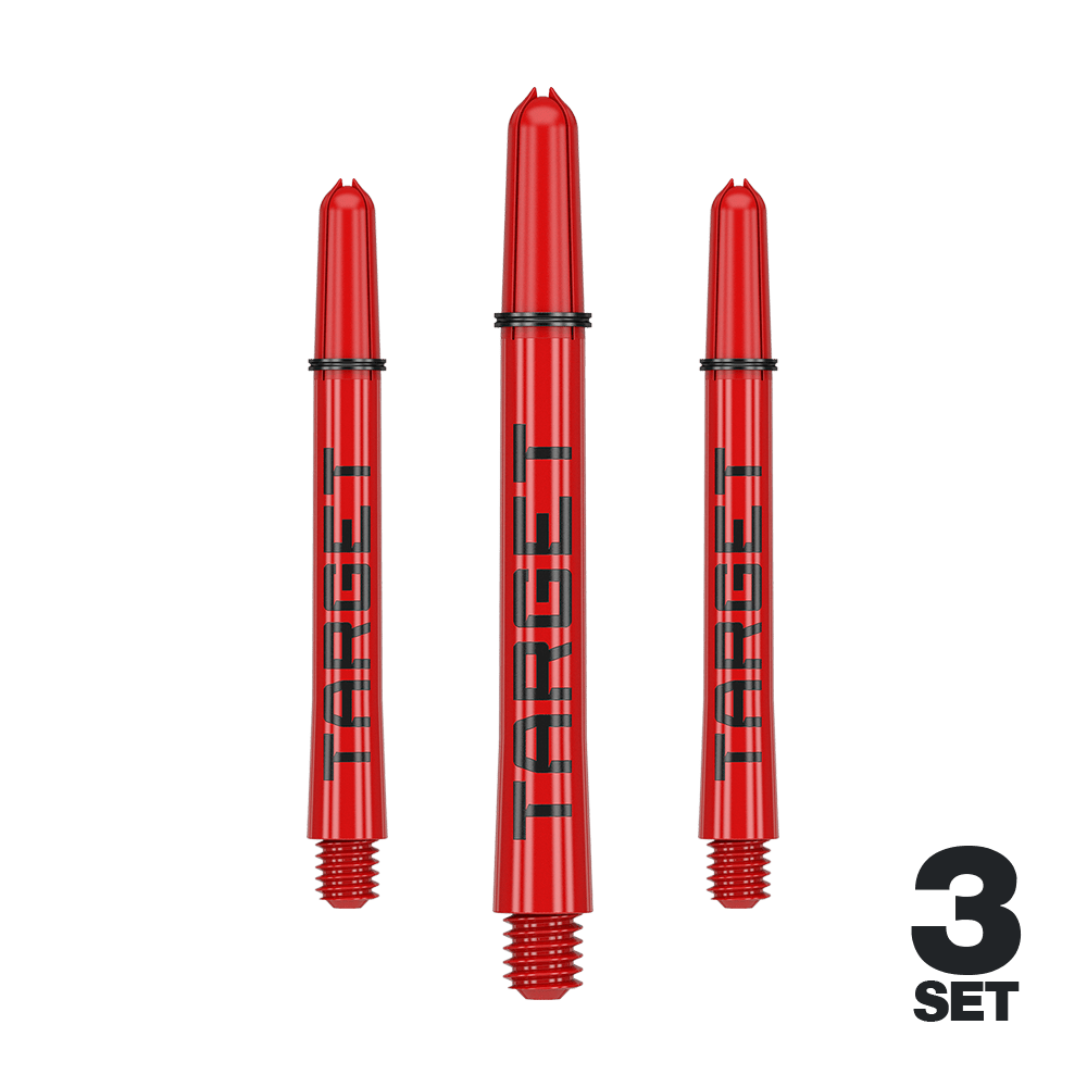 Trzonki Target Pro Grip TAG – 3 zestawy – czerwone Das Bild zeigt drei rote Dartschäfte mit der Aufschrift "TARGET". Unten rechts steht "3 SET", was auf ein Set mit drei Stück hinweist.