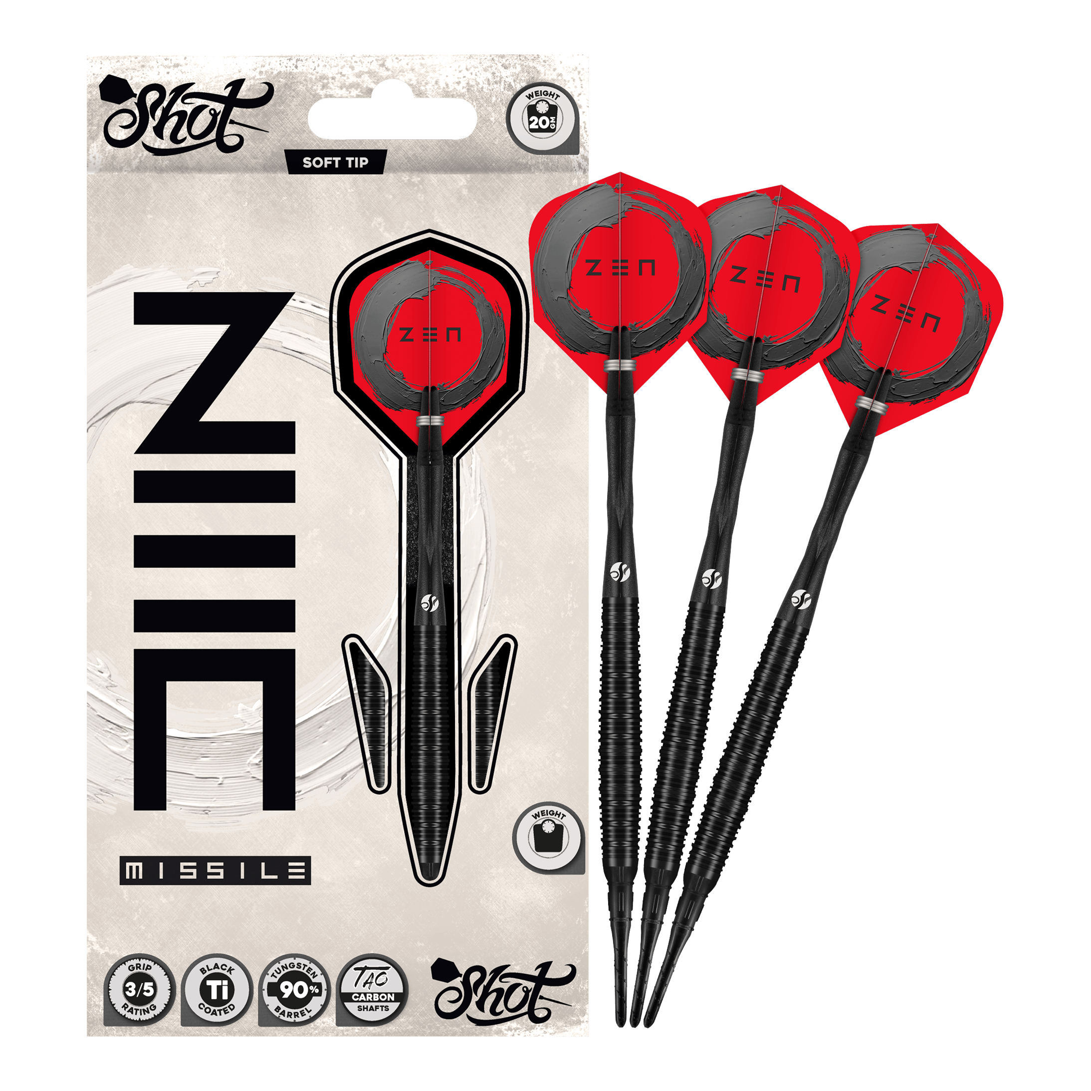 Shoty ZEN Missile Soft Darts - 20g Auf dem Bild ist der vollständige Satz der Shot ZEN Missile Softdarts - 20g zu sehen. Diese Pfeile sind für anspruchsvolle Dartspieler konzipiert.