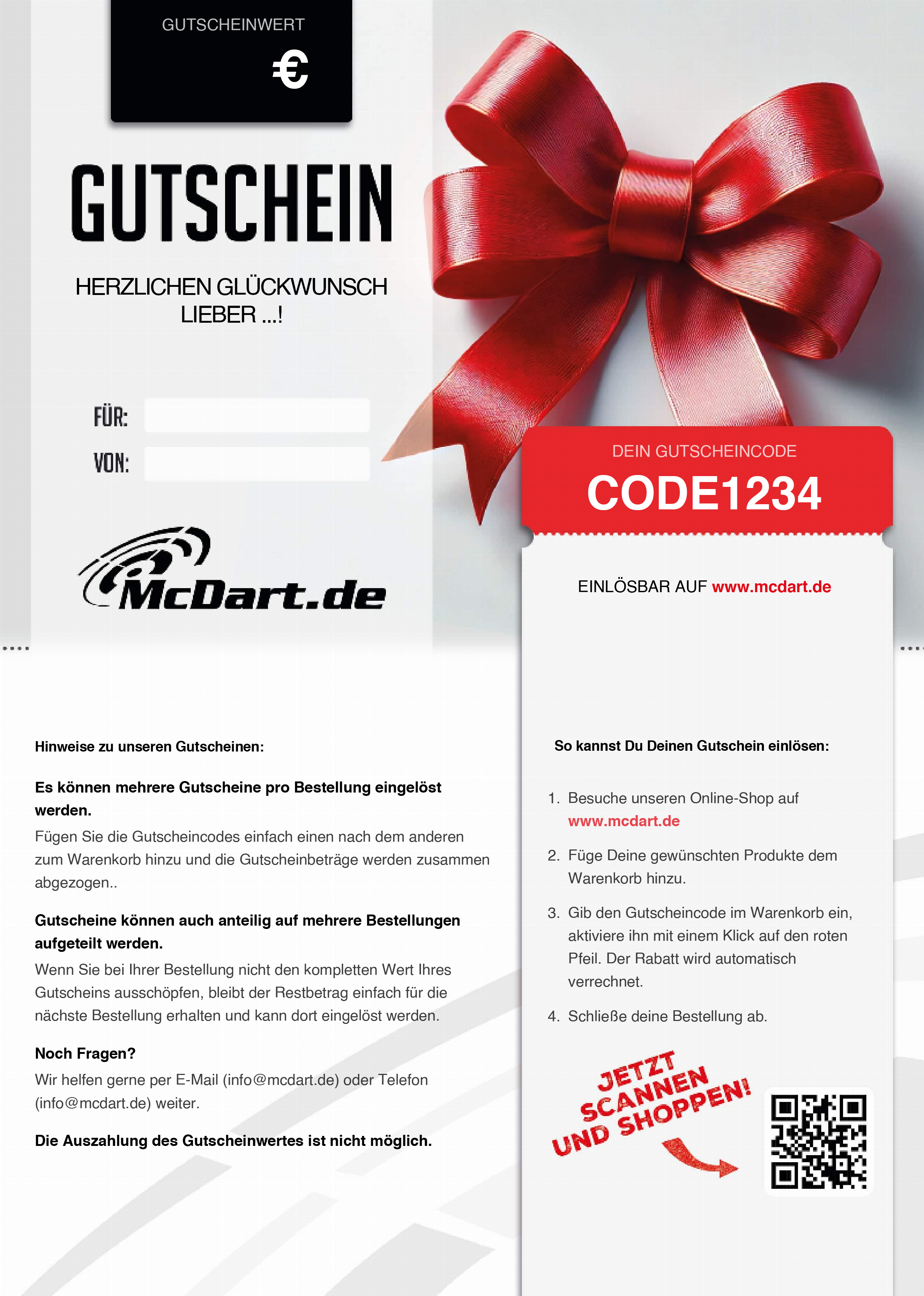 Voucher - Czerwona wstążka Das Bild zeigt einen Geschenkgutschein von McDart.de mit einer großen roten Schleife. Rechts befindet sich ein Feld mit einem Gutscheincode und einer Anleitung zur Einlösung des Gutscheins.