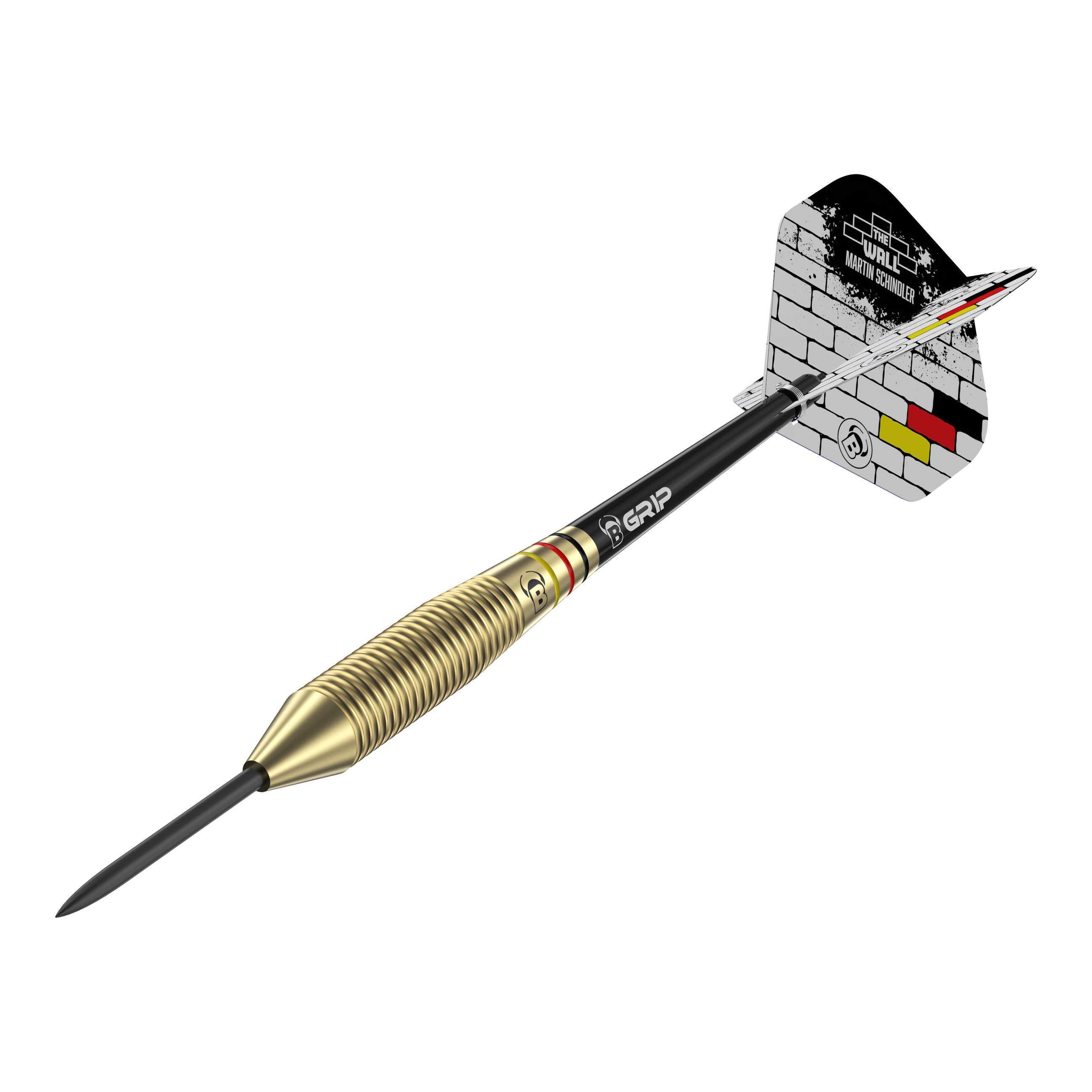 Byki Martin Schindler The Wall Brass Steeldarts Das Bild zeigt einen Steeldart mit messingfarbenem Griff und schwarzem Schaft. Auf dem Flight steht "The Wall Martin Schindler" vor einem gemauerten Hintergrund mit den Farben der deutschen Flagge.