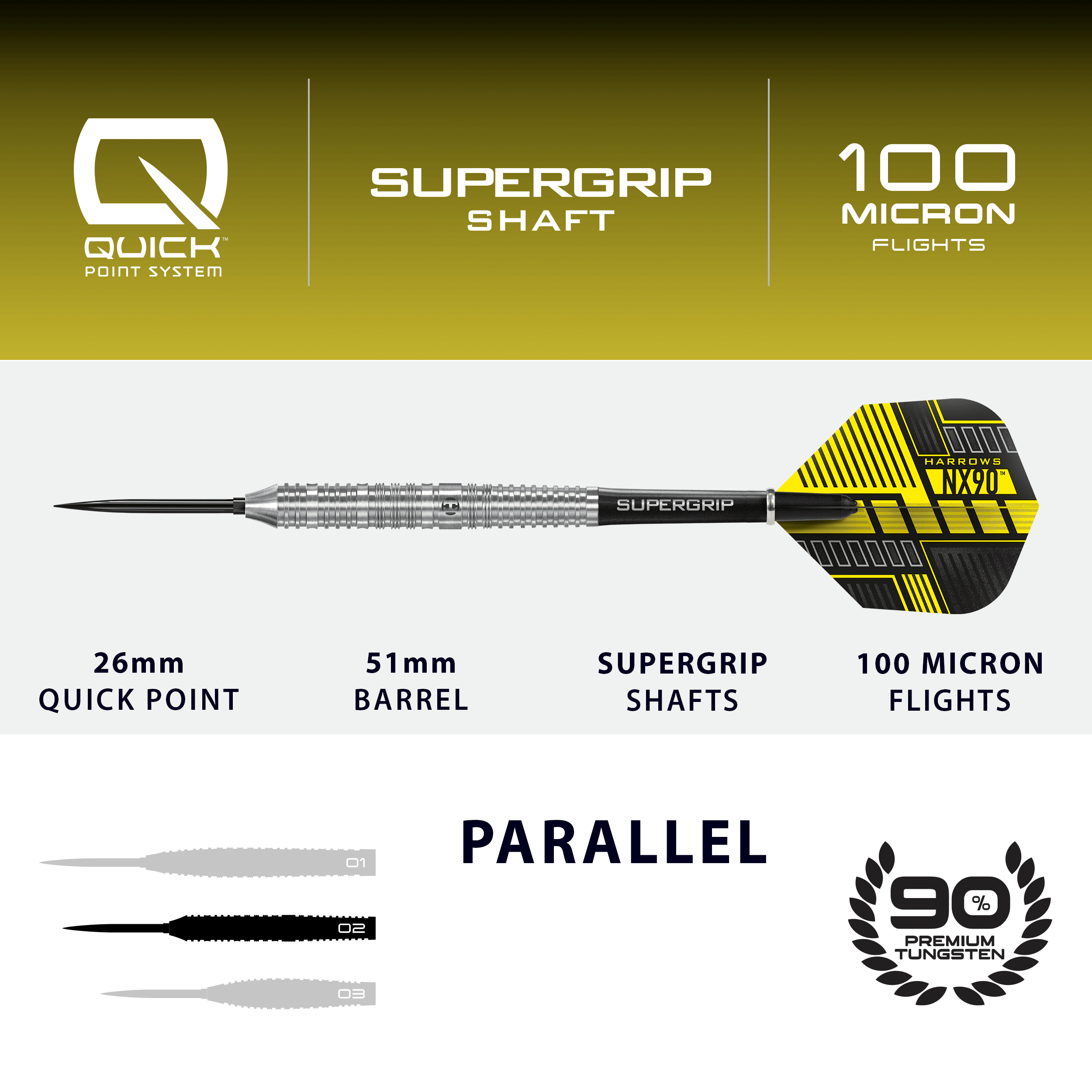Lotki stalowe Harrows NX90 Parallel Quick Point Abgebildet sind die Harrows NX90 Parallel Quick Point Steeldarts. Diese Steeldarts eignen sich für den ambitionierten Dartspieler.