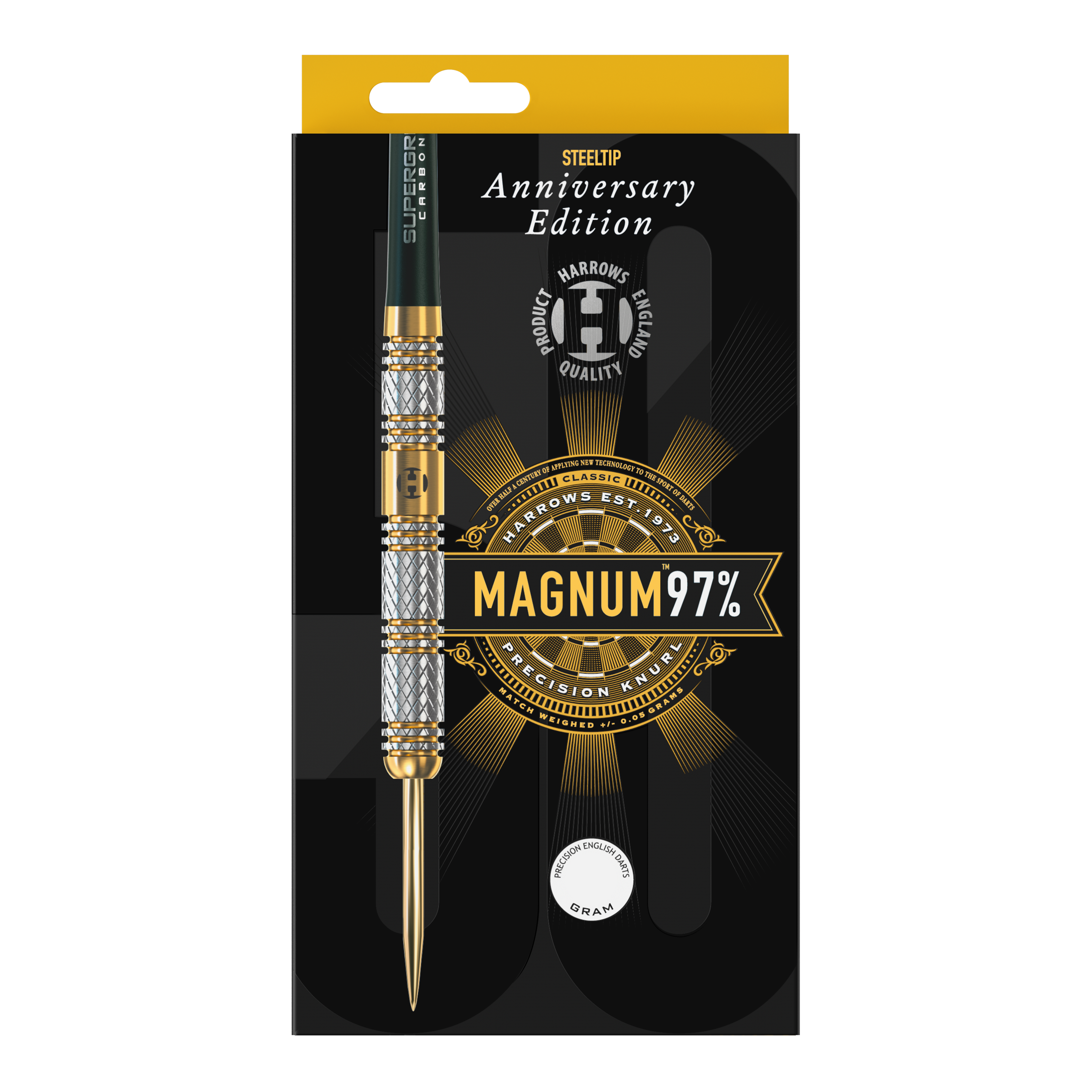 Harrows Anniversary Edition Magnum Steeldarts Das Bild zeigt eine Verpackung für einen Steeldart der Marke Harrows, Anniversary Edition. Auf der Verpackung steht "MAGNUM 97%" und das Design ist in Schwarz und Gold gehalten.