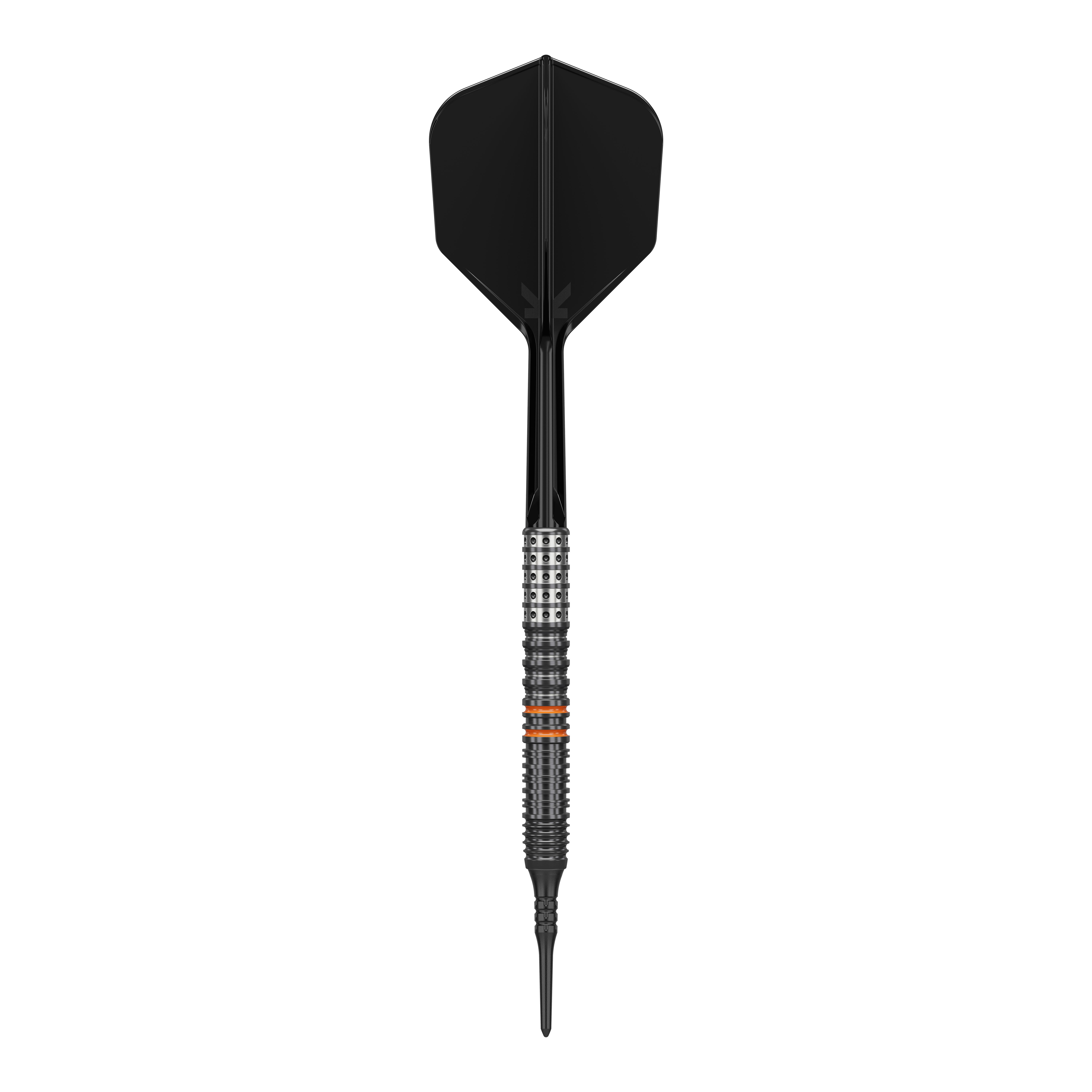 Das Bild zeigt einen schwarzen Softdart mit metallischem Griff und feinen Rillen. Es handelt sich um das Produkt "Target Japan Black Marque Morpheus GEN2 Softdarts - 19g".
