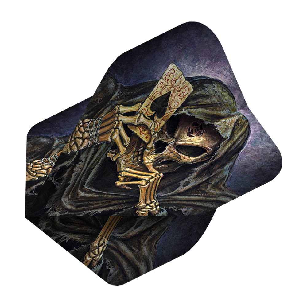 ALC2_Alchemy_Reapers_Ace_Standard_Flights_2 Das Bild zeigt das Produkt "Alchemy Reapers Ace No2 Standard Flights". Es zeigt einen Sensenmann mit Kapuze, der eine Spielkarte mit einem Pik-Ass hält.