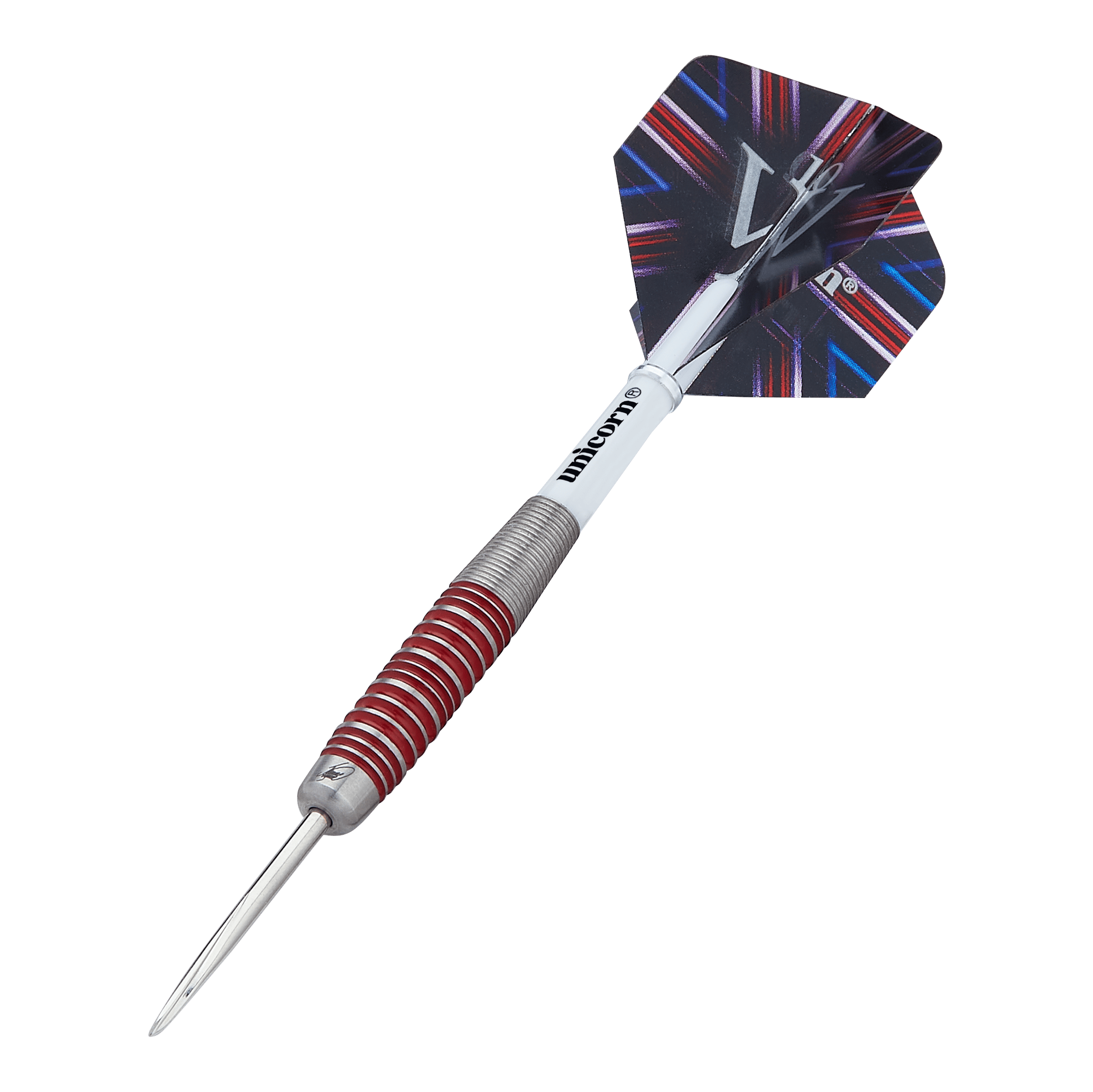 Unicorn The Machine James Wade 90% stalowe rzutki Das Bild zeigt einen Steeldart der Marke "Unicorn The Machine James Wade 90%". Der Dart hat einen silbernen Griff mit roten Ringen und eine bunte Flightscheibe am Ende.