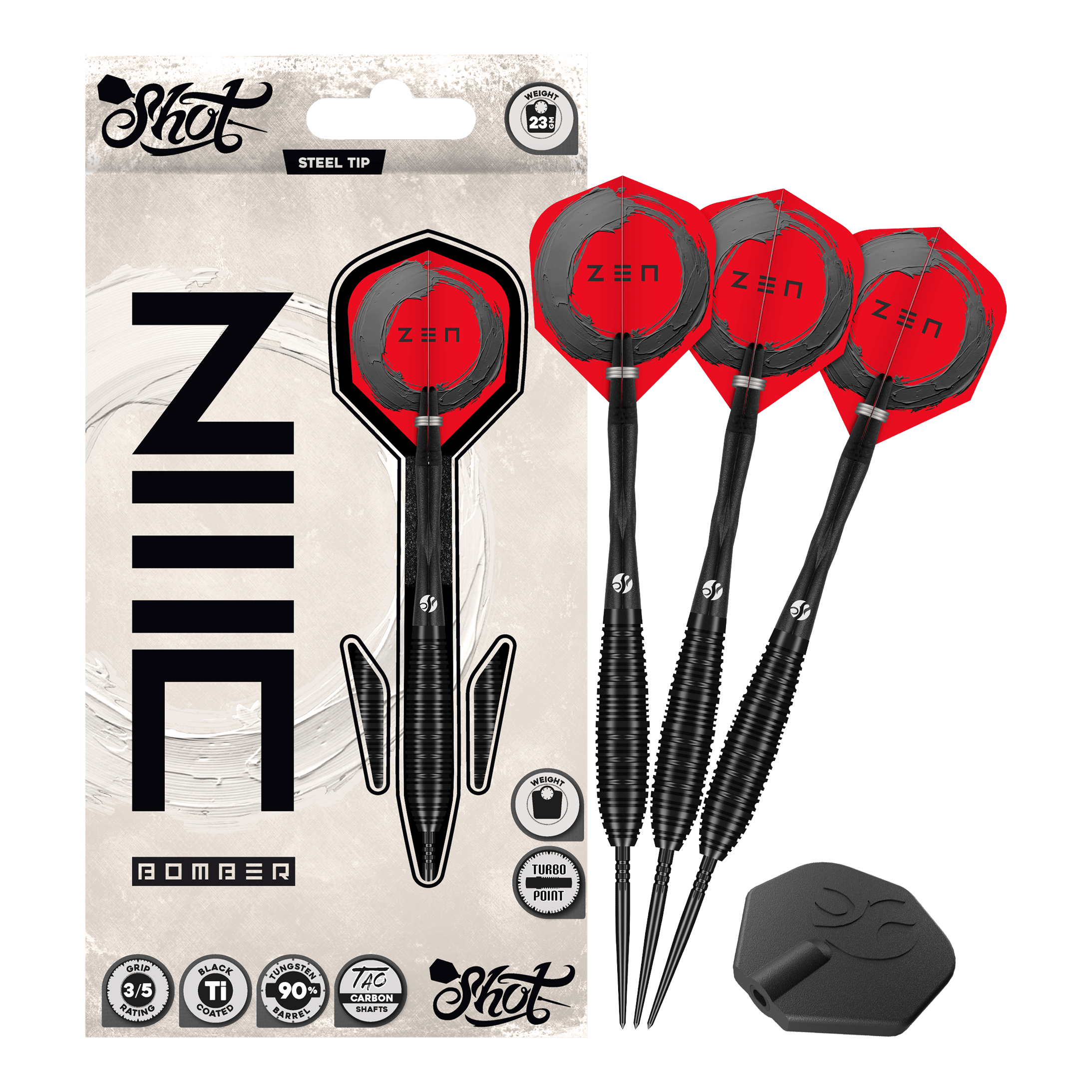 Shoty stalowe ZEN Bomber Turbo Point Auf dem Foto ist das Set Shot ZEN Bomber Turbo Point Steeldarts vollständig abgebildet. Dieses Set enthält alle notwendigen Darts für das Spiel.