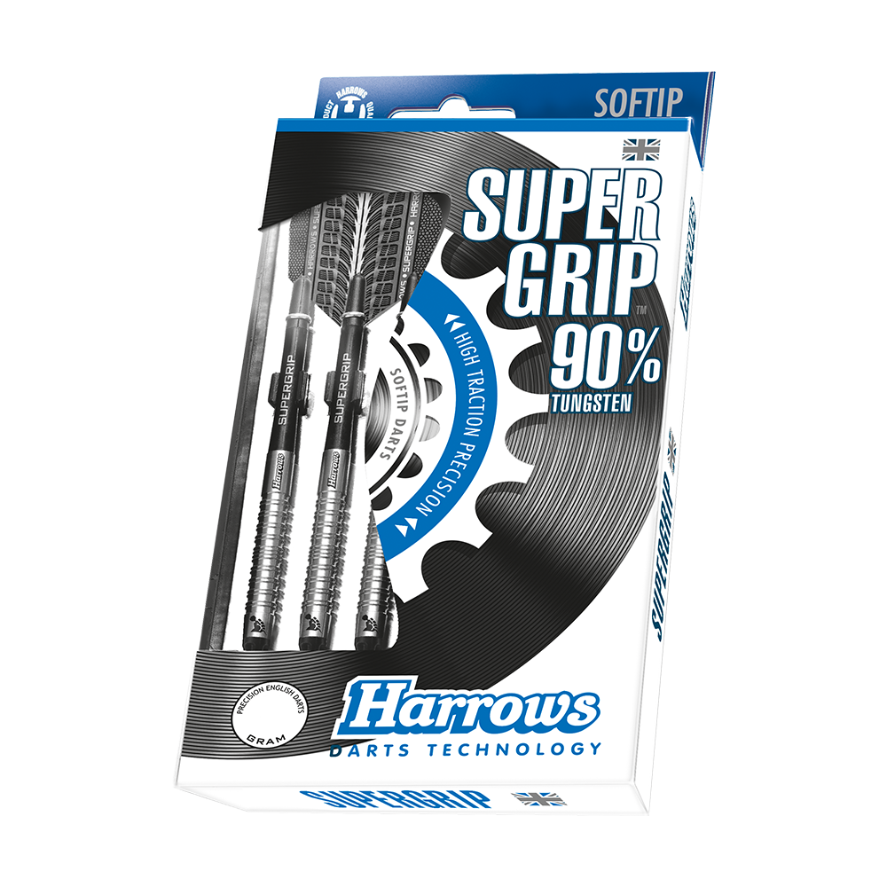 HA11810-Harrows-Supergrip-90-Softdarts-3-4-Plastikbox Auf dem Bild ist eine Packung Harrows Supergrip 90% Softdarts zu sehen. Die Darts bestehen zu 90% aus Tungsten und sind für Präzision und hohen Grip entwickelt.