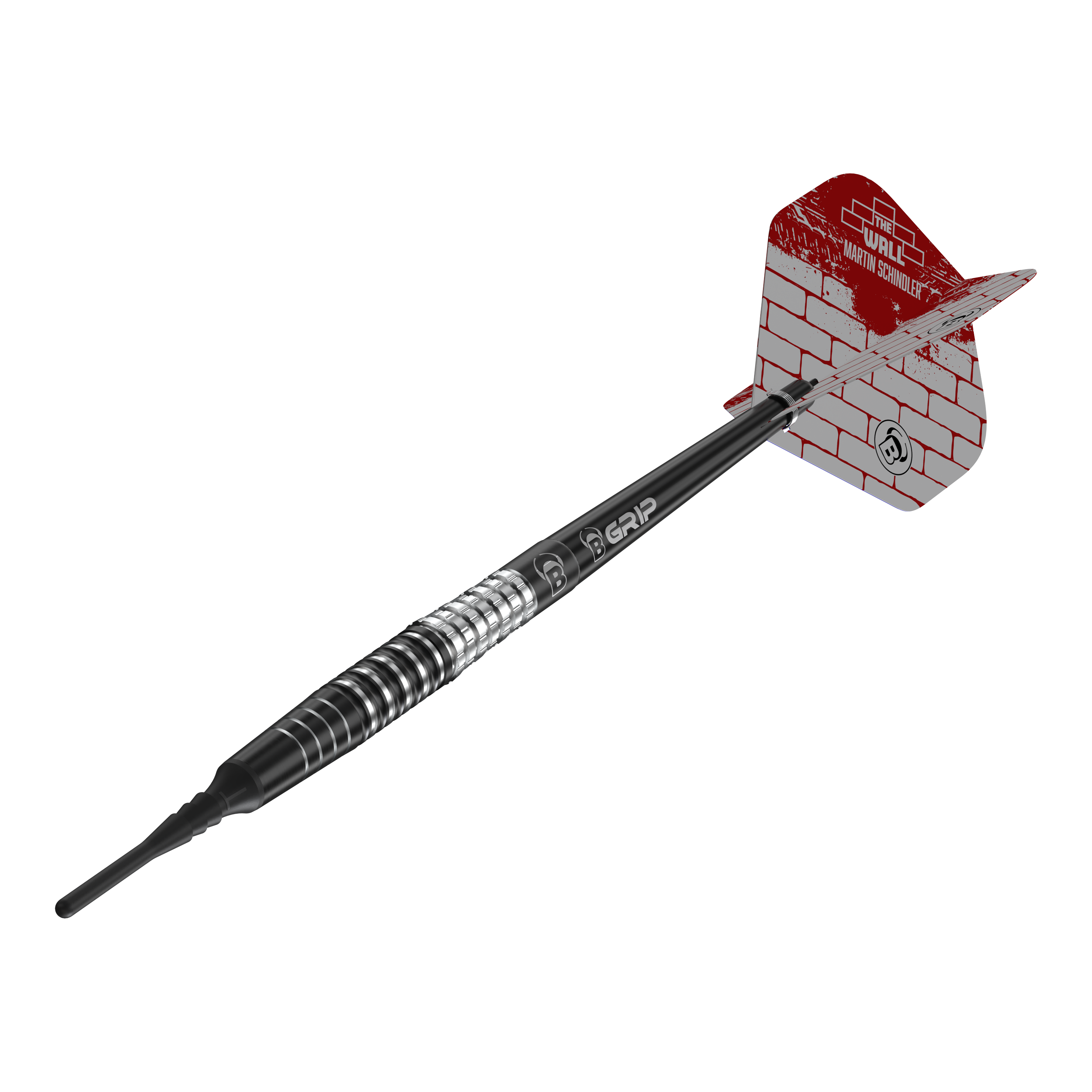 Bulls Martin Schindler Original Generation 3 miękkie lotki Das Bild zeigt einen Softdart aus der Serie "Bulls Martin Schindler Original Generation 3". Der Dart hat ein schwarzes und silbernes Barrel sowie eine rot-weiße Flight mit Mauerstein-Design.