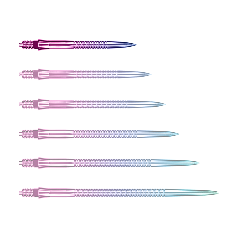 Końcówki do lotek Caliburn EZ-EVO – rowkowane – tęczowe Das Bild zeigt eine einzelne EVO205 Caliburn EZ-EVO Dartspitze Grooved Rainbow 28mm. Die Spitze hat eine auffällige Regenbogenfarbe und eine gerillte Oberfläche.