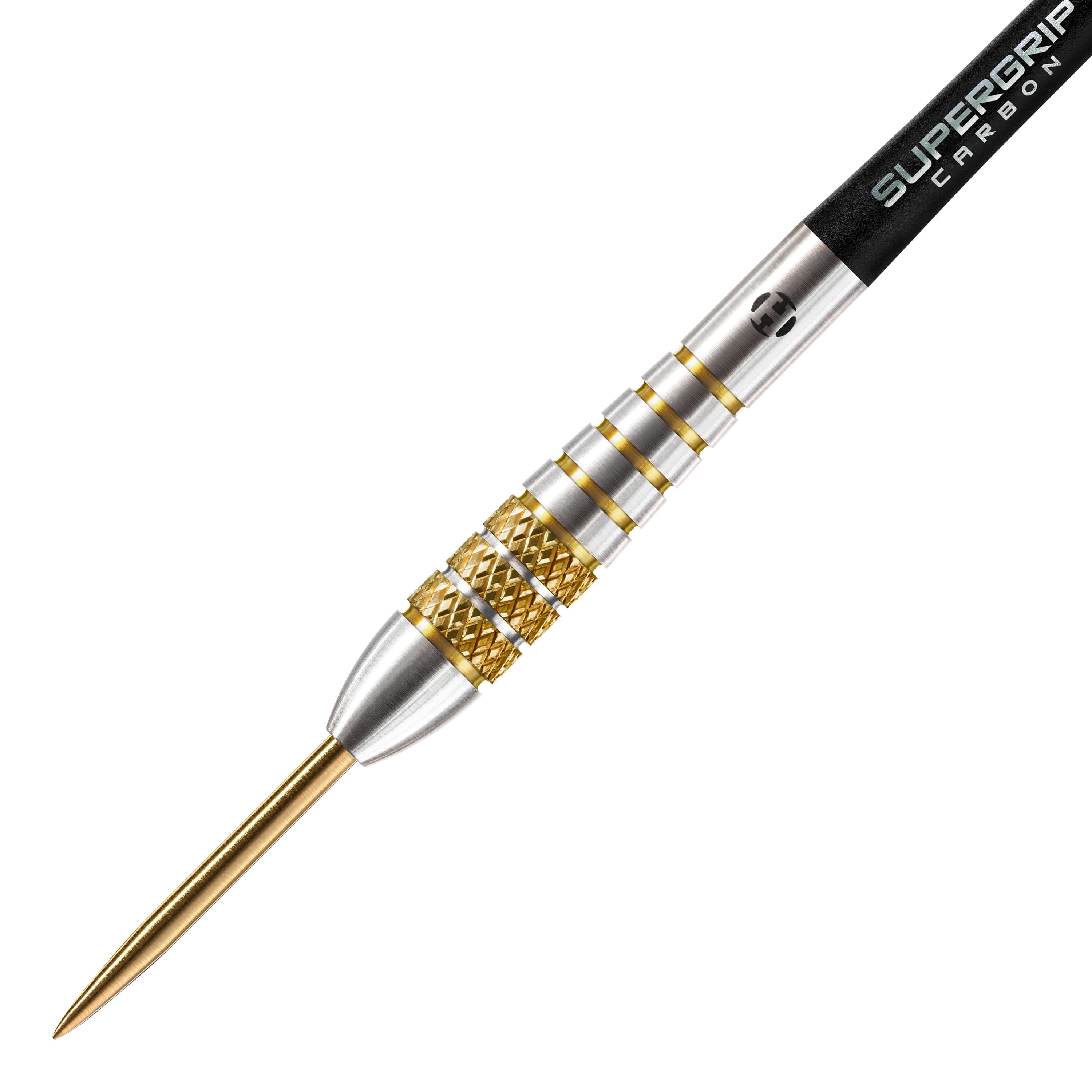 Dies ist ein Steeldartpfeil mit silbernen und goldenen Akzenten. Der Schaft ist schwarz und trägt den Schriftzug "SUPERGRIP CARBON".