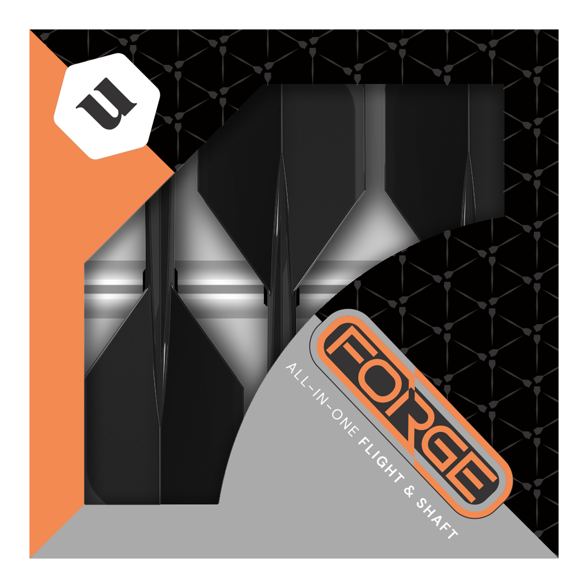 Das Bild zeigt die Verpackung der „Unicorn Forge All In One Plus No2 Standard Flights Schwarz - Medium“. In der Packung sind schwarze Dart-Flights und -Shafts zusammen als Set zu sehen.