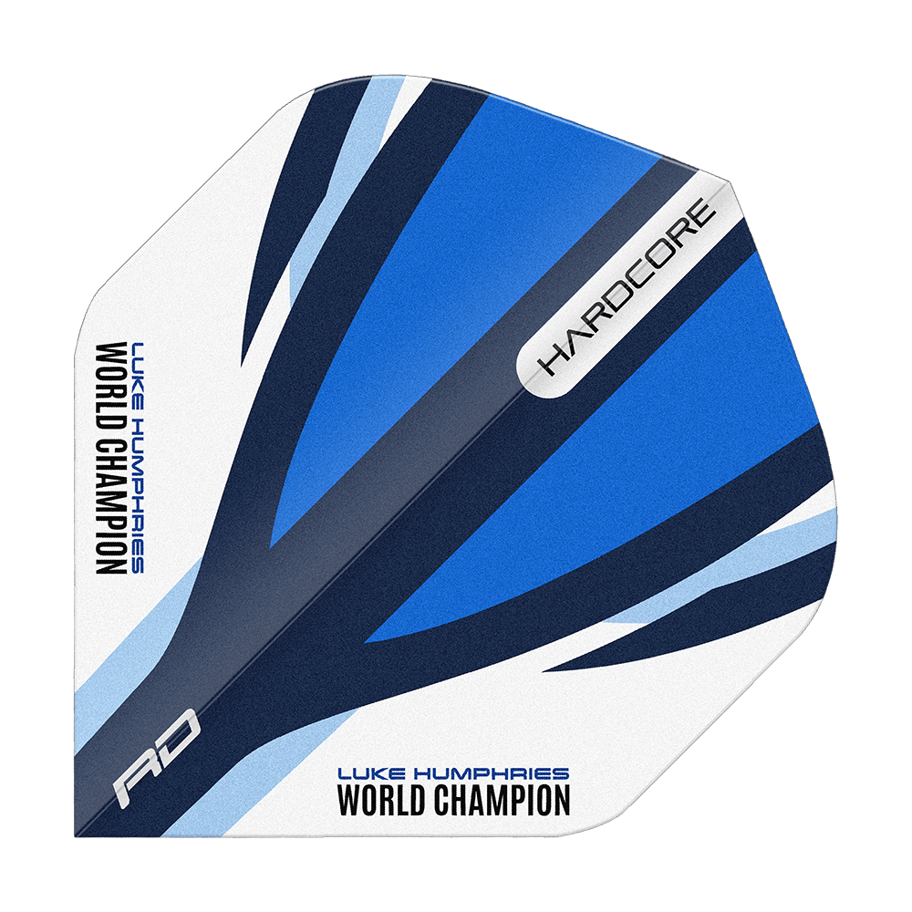 Czerwony Smok Hardcore Luke Humphries Niebiesko-Biały Standardowe Loty Das Bild zeigt einen Dart-Flight in den Farben Blau, Weiß und Schwarz mit dem Aufdruck "LUKE HUMPHRIES WORLD CHAMPION". Auf dem Flight stehen außerdem die Wörter "HARDCORE" und "RD".